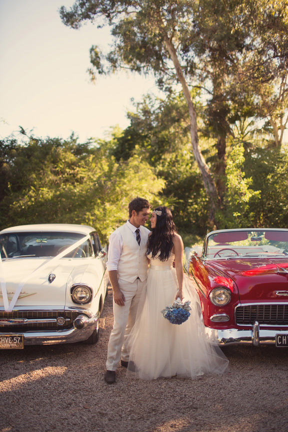 bride and groom red chevy