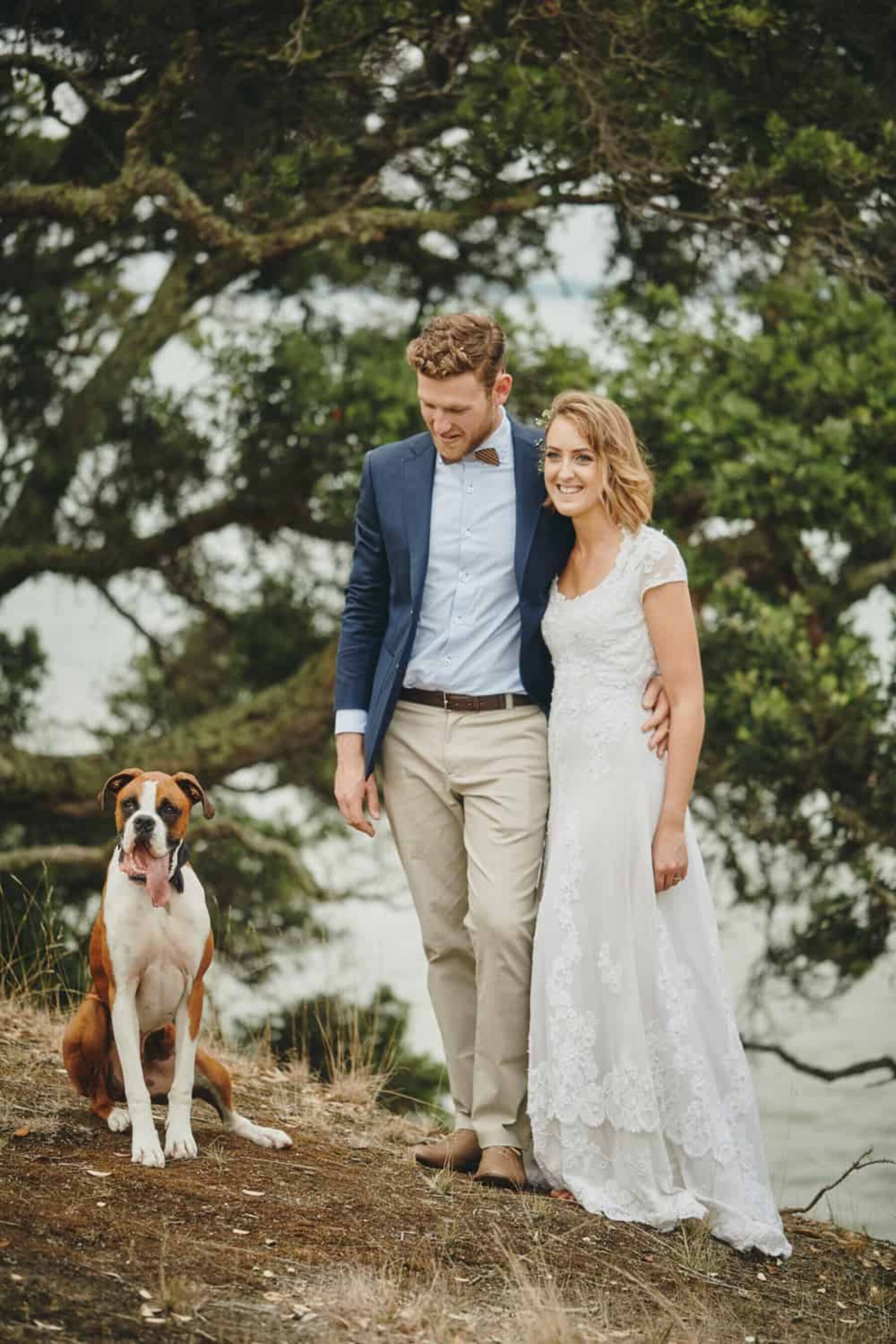 bride and groom with pet boxer dog
