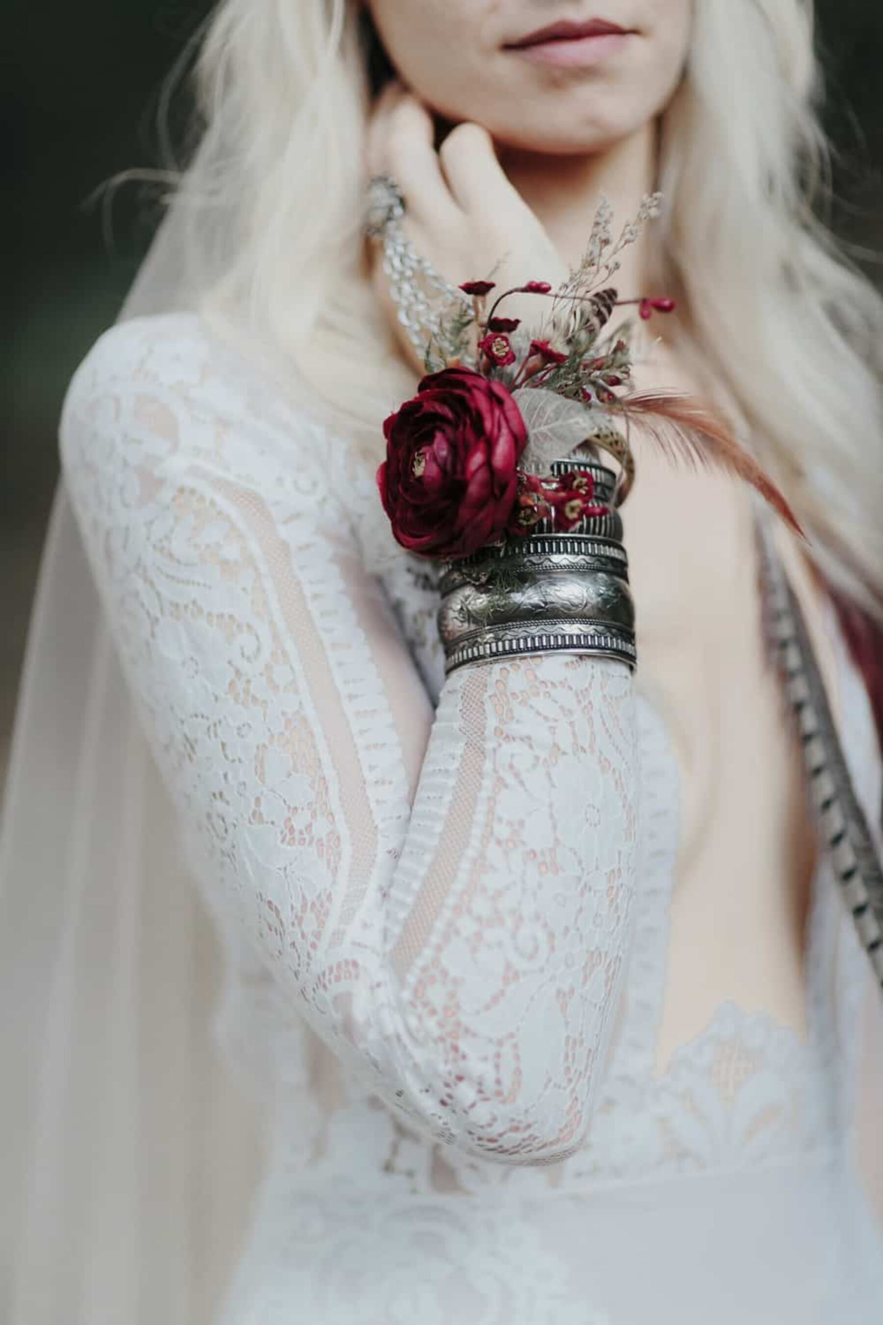 boho bride with silver cuff and ring chain