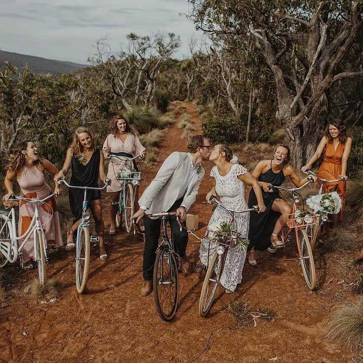 bridal party with vintage bikes