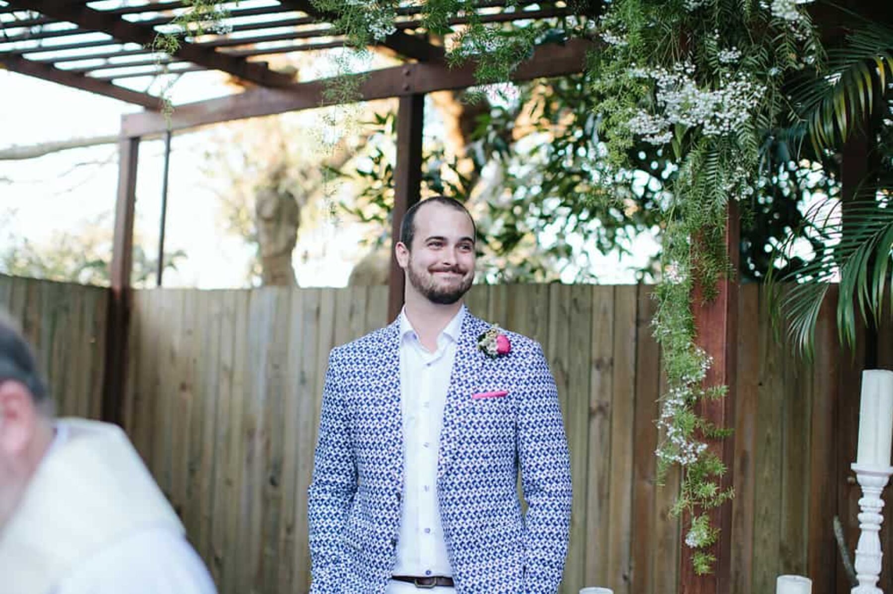 groom in blue geometric print blazer