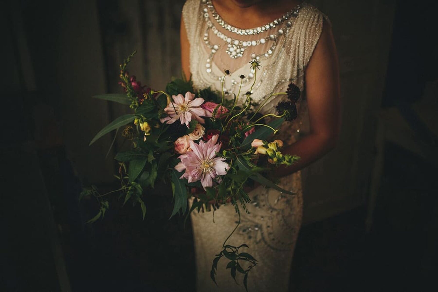 unstructured bouquet with dahlias and eucalyptus