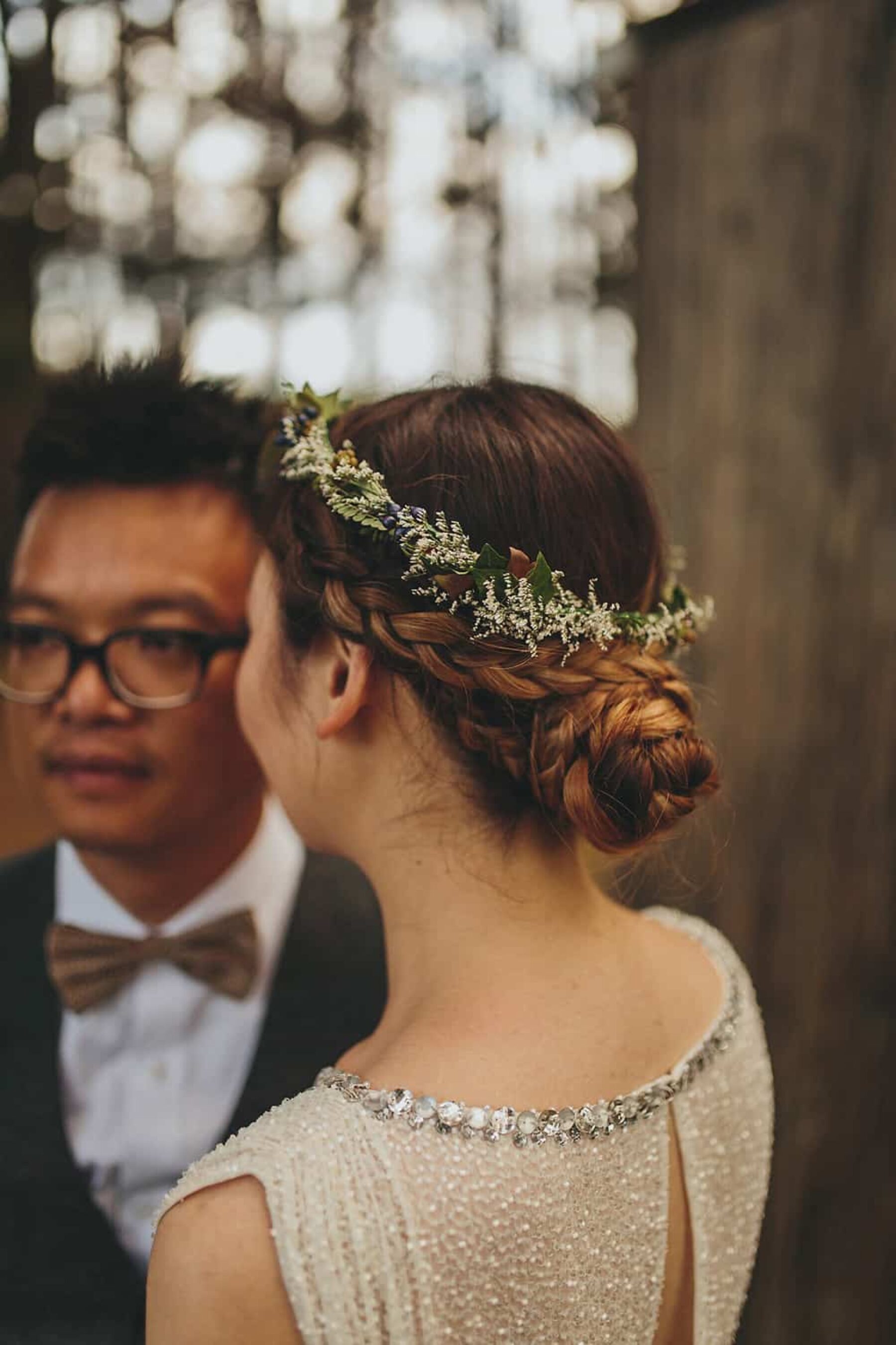 bridal braid with delicate flower crown