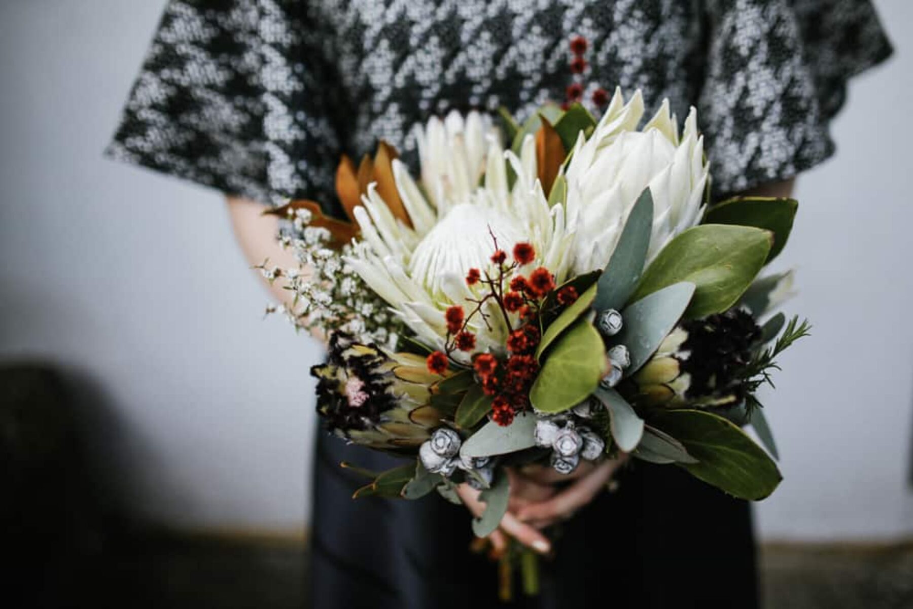 native bouquet with white king proteas