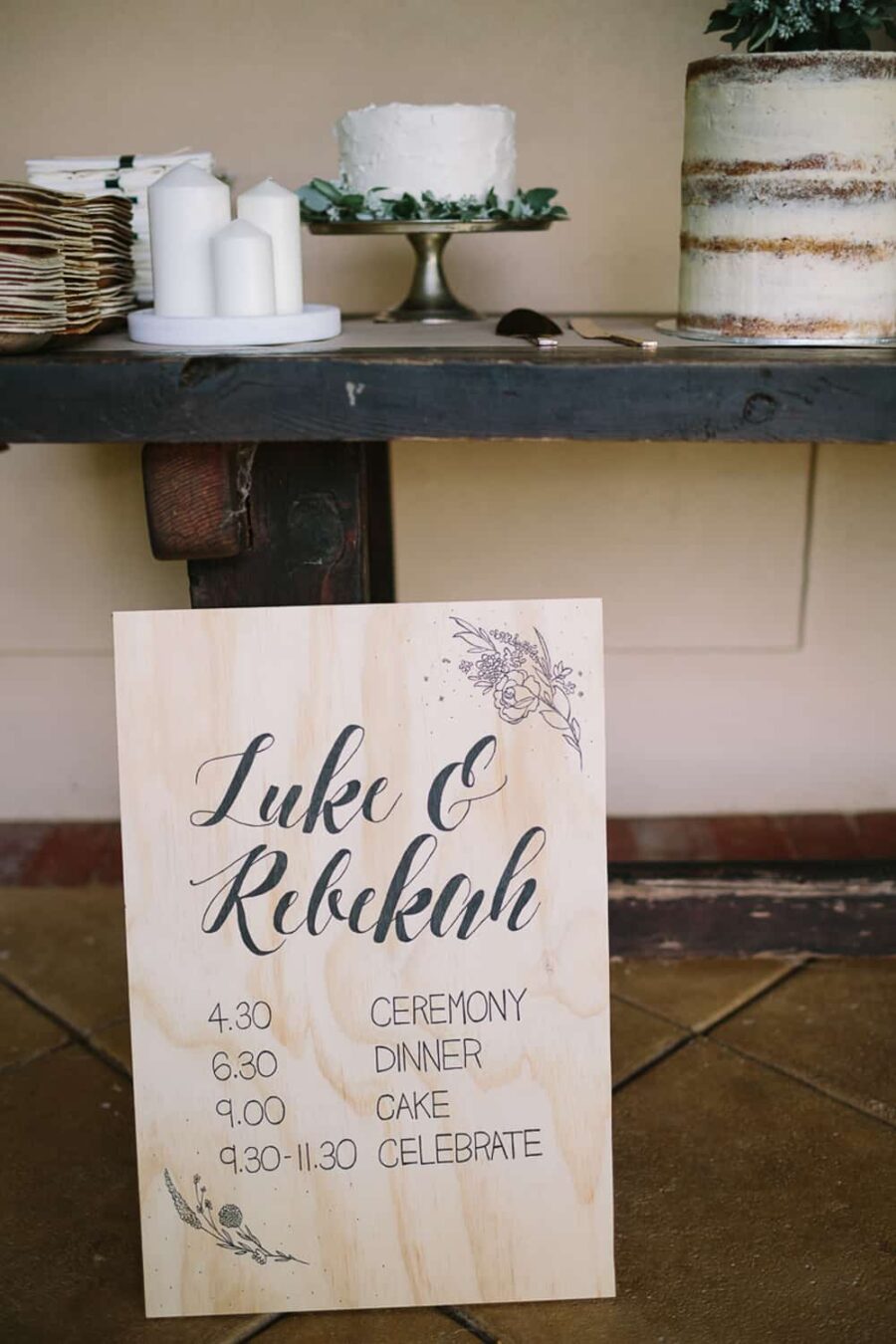 hand-lettered timber wedding sign