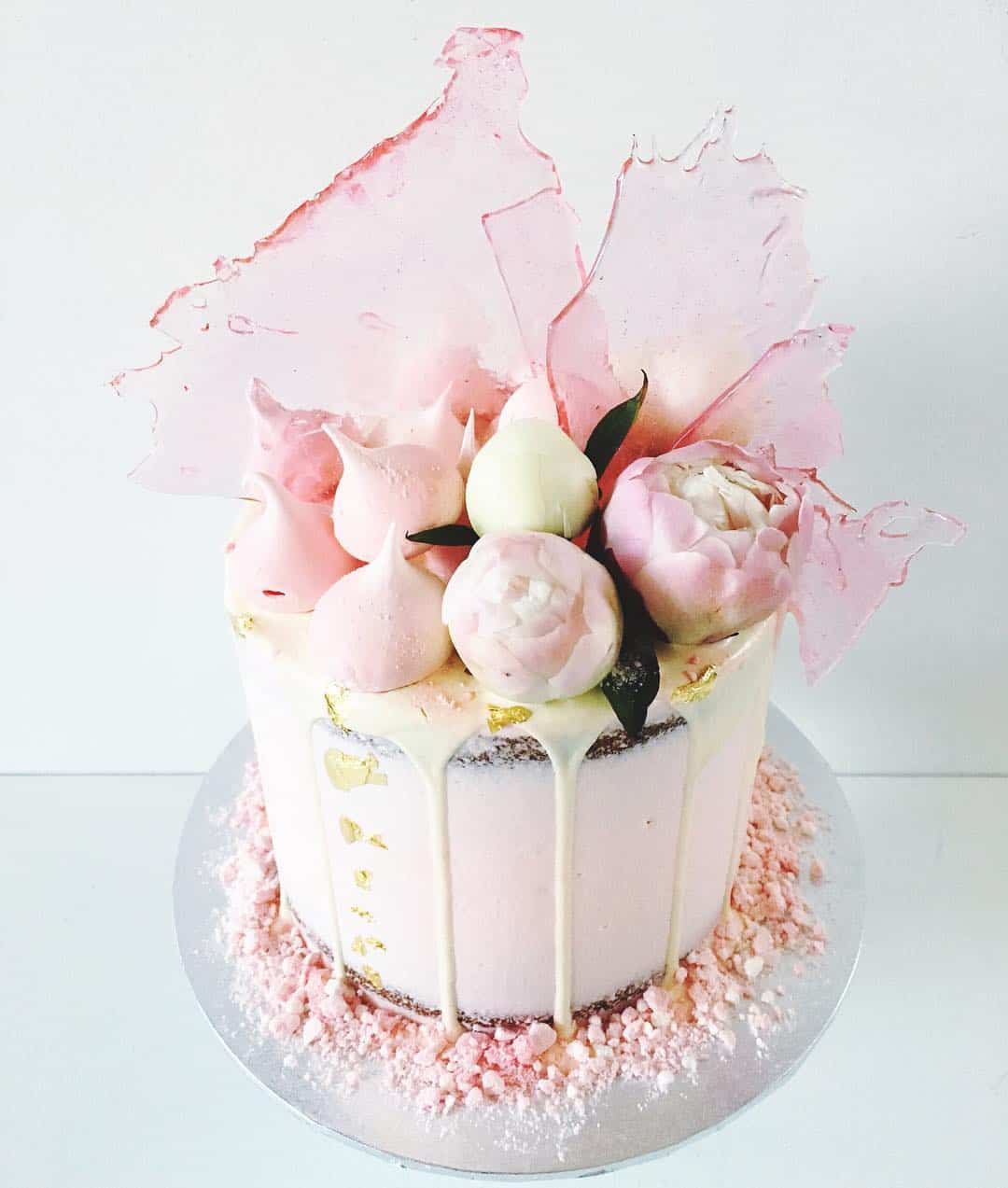 pastel pink cake with sugar shards by Perth baker Marguerite Cakes @margueritecakes
