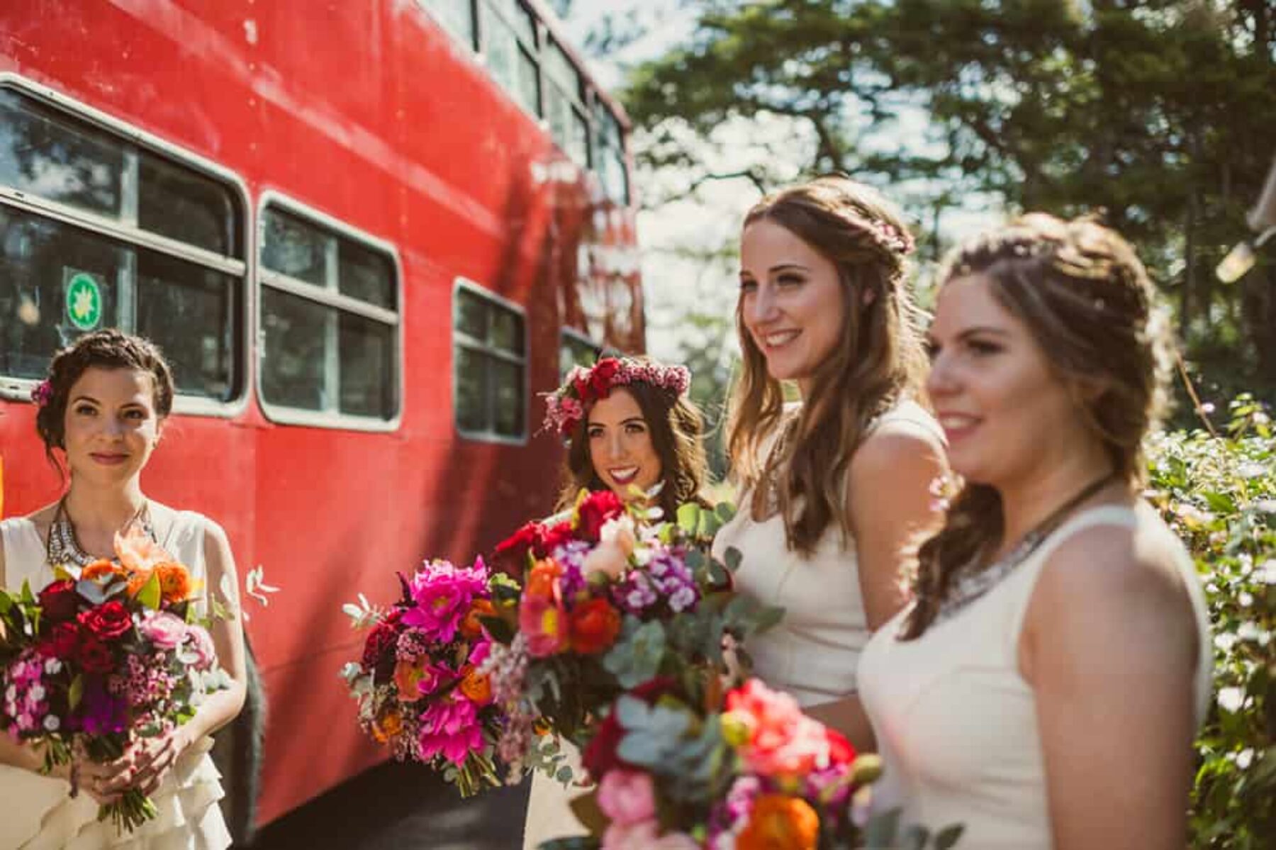 red double decker wedding bus