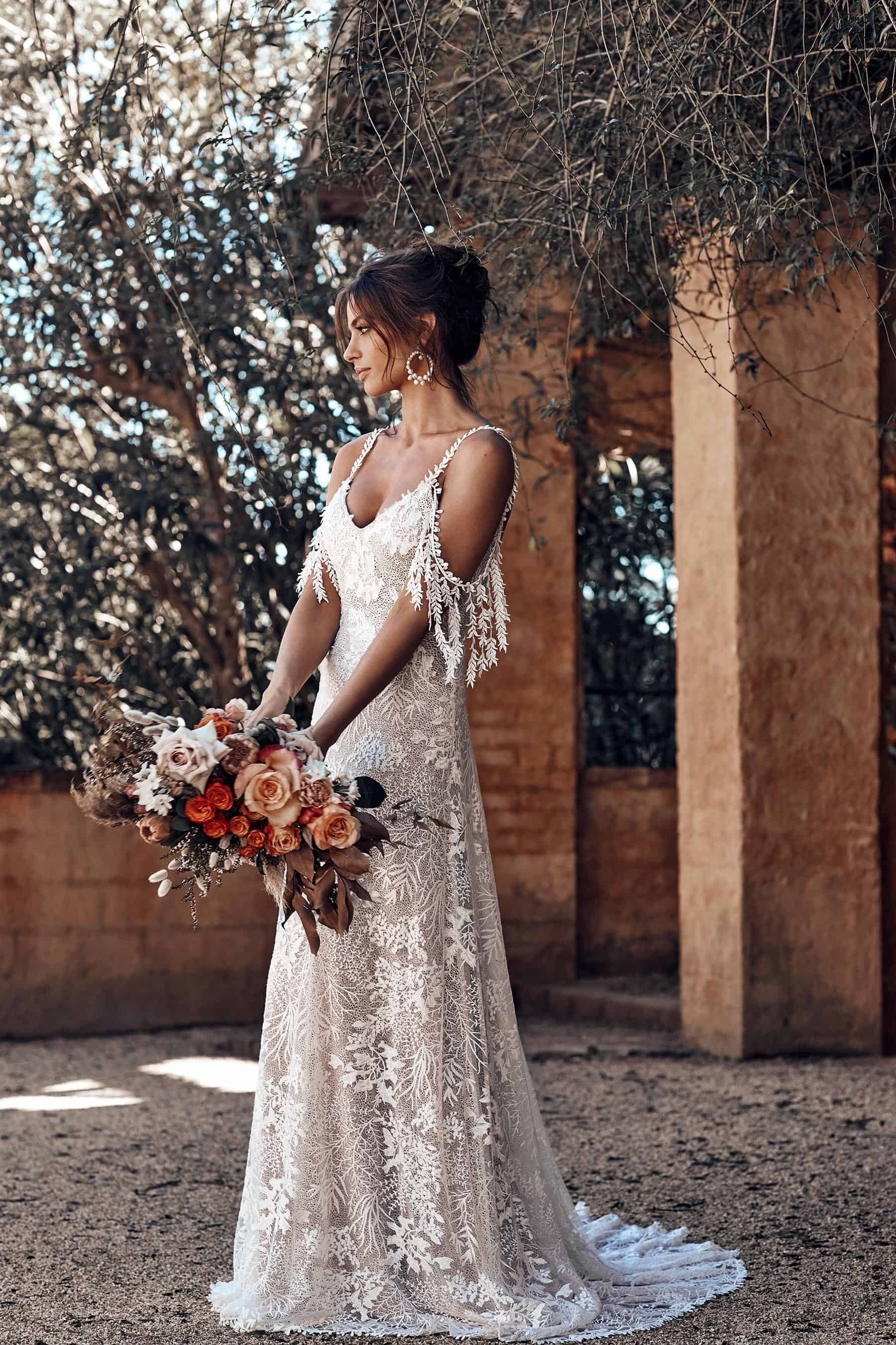 bohemian wedding dress with arm bands by Grace Loves Lace