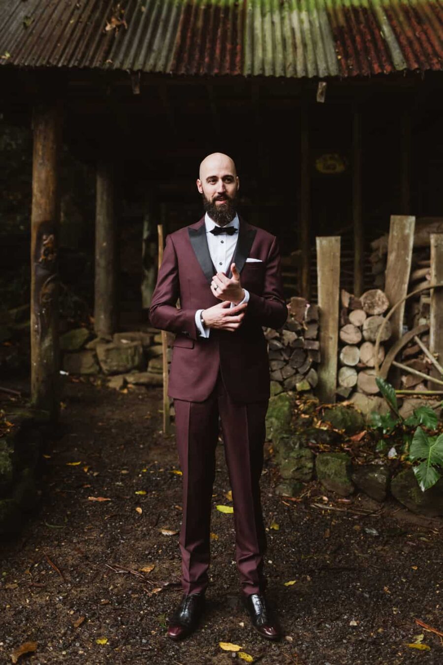 stylish grooom in burgundy suit from Institchu