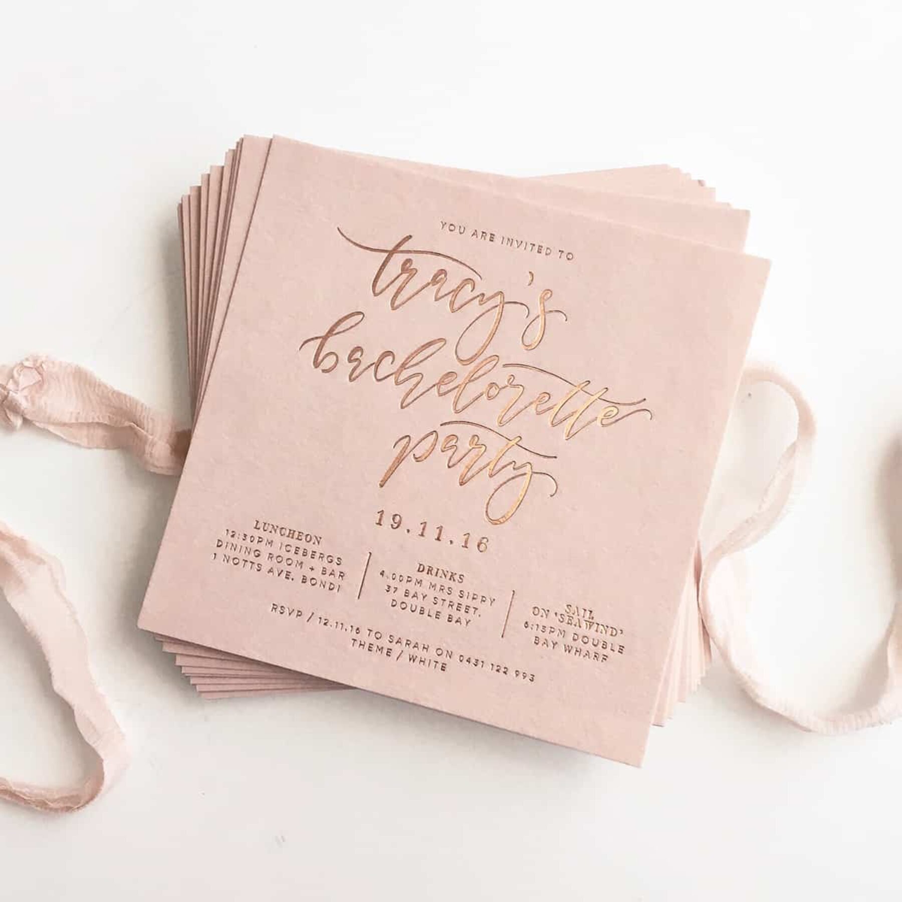 blush and rose gold calligraphy letterpress bachelorette stationery by Paige Tuzee