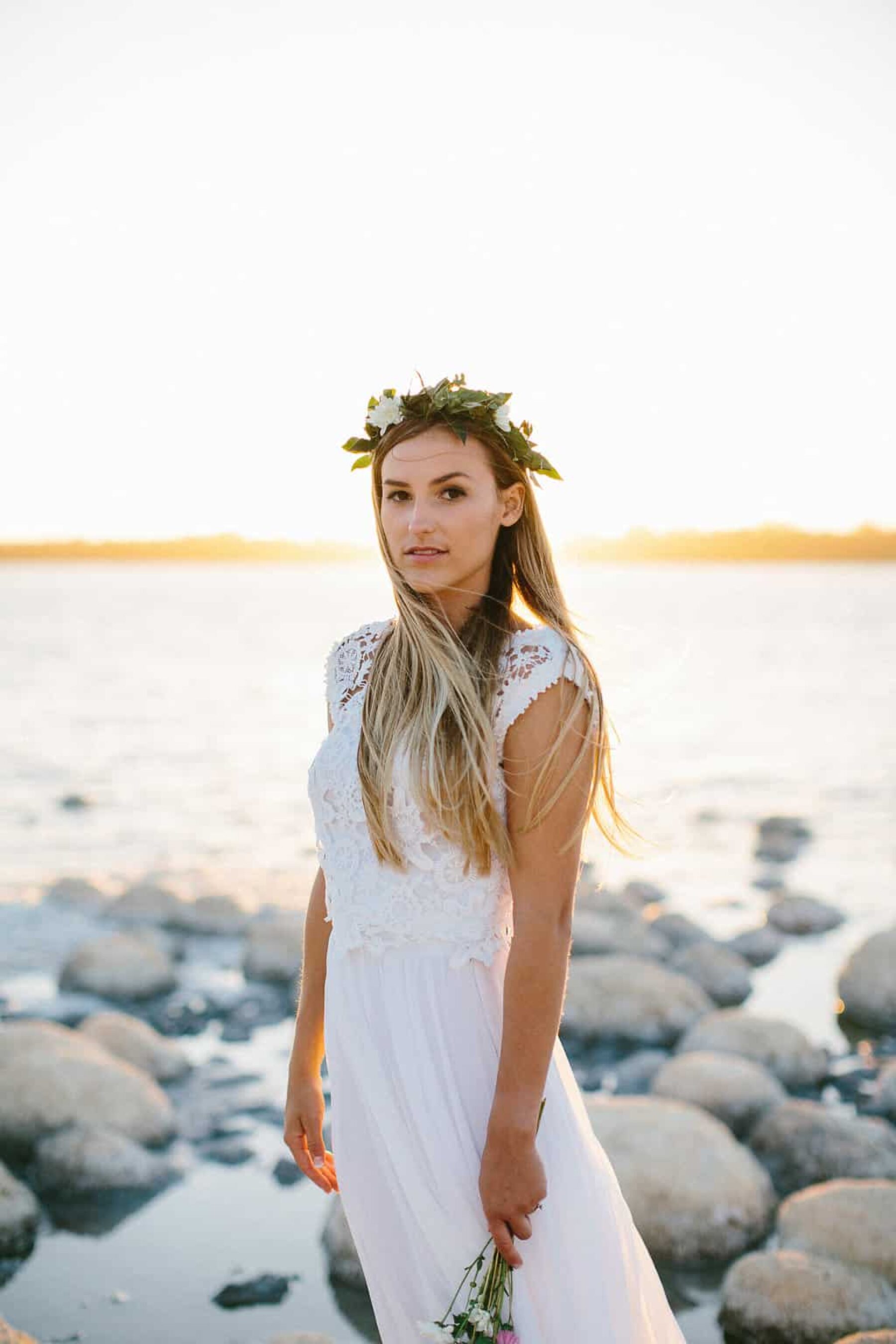 beach bride in Dreamers & Lovers two piece wedding dress