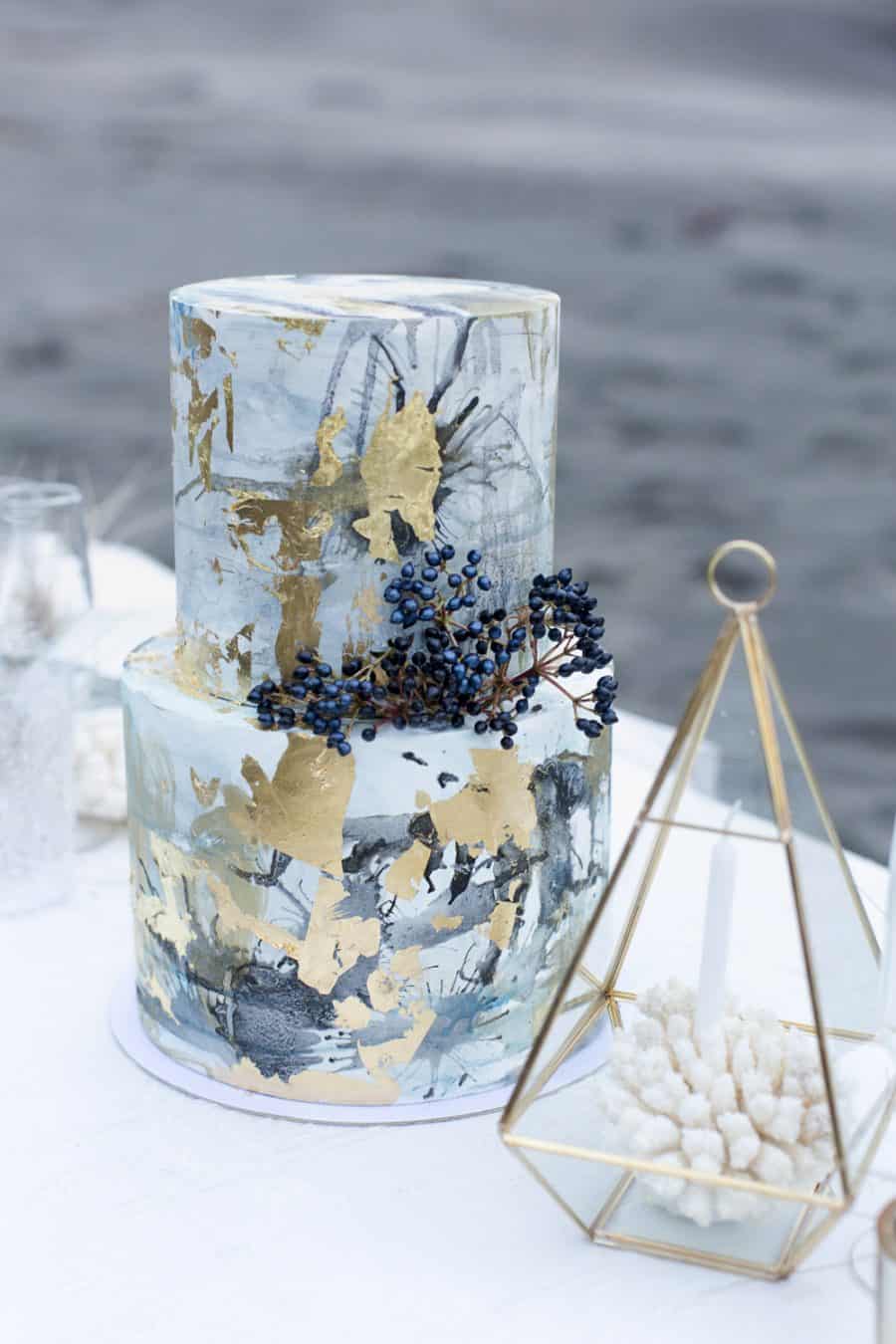 Best wedding cakes of 2016 - inky watercolour cake with gold leaf