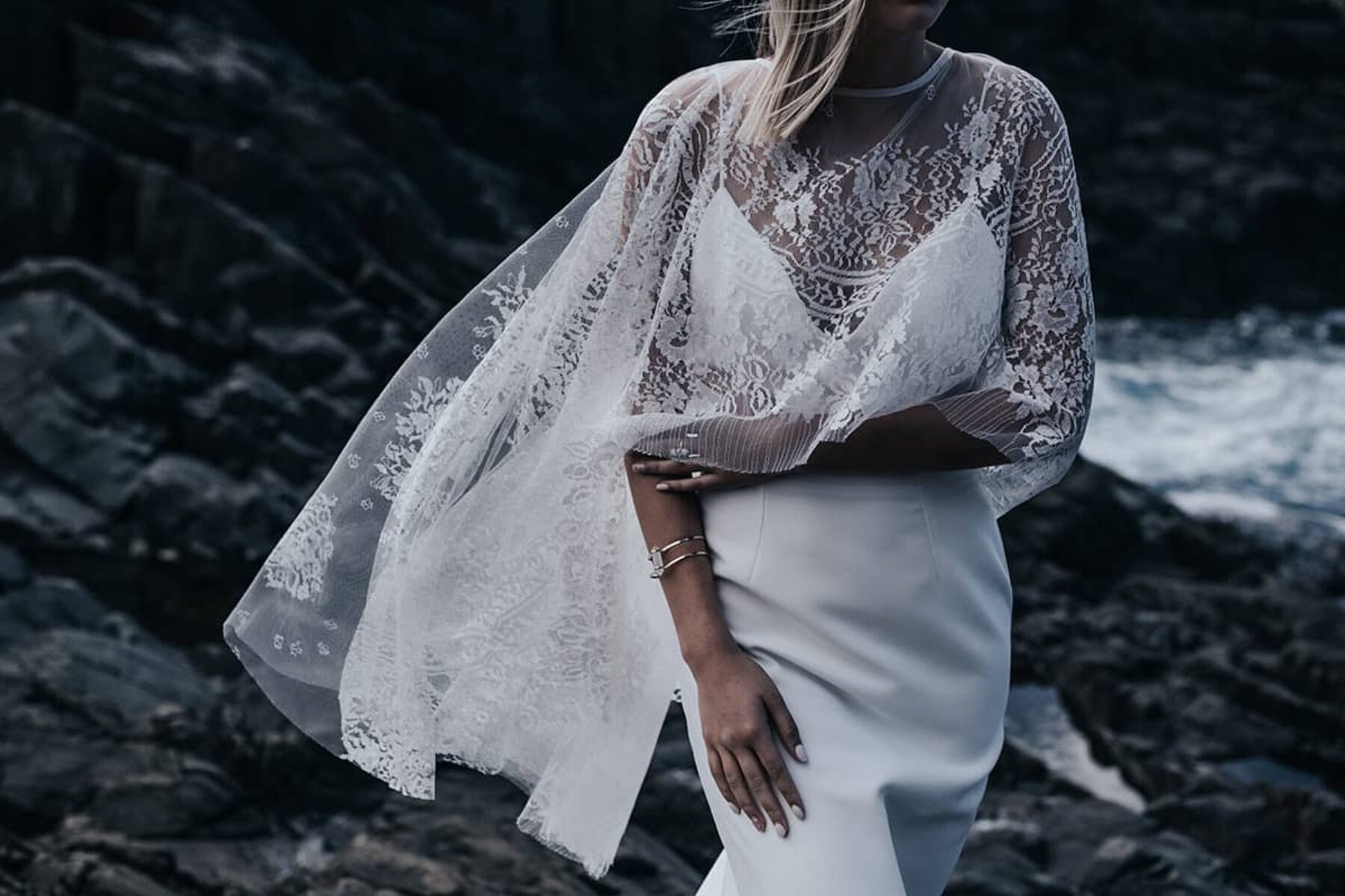 modern wedding dress and lace cape by Prea James Bridal