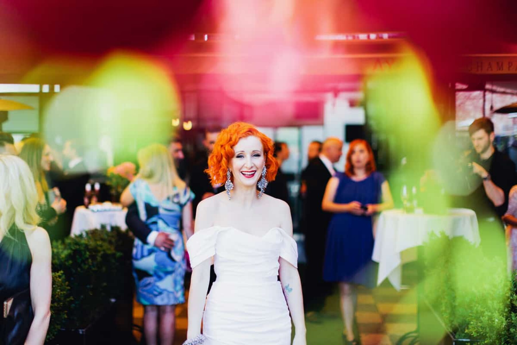 red headed bride with off-shoulder wedding dress