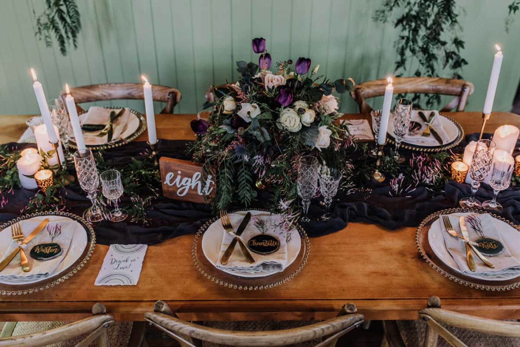 opulent tablescape in green and pruple