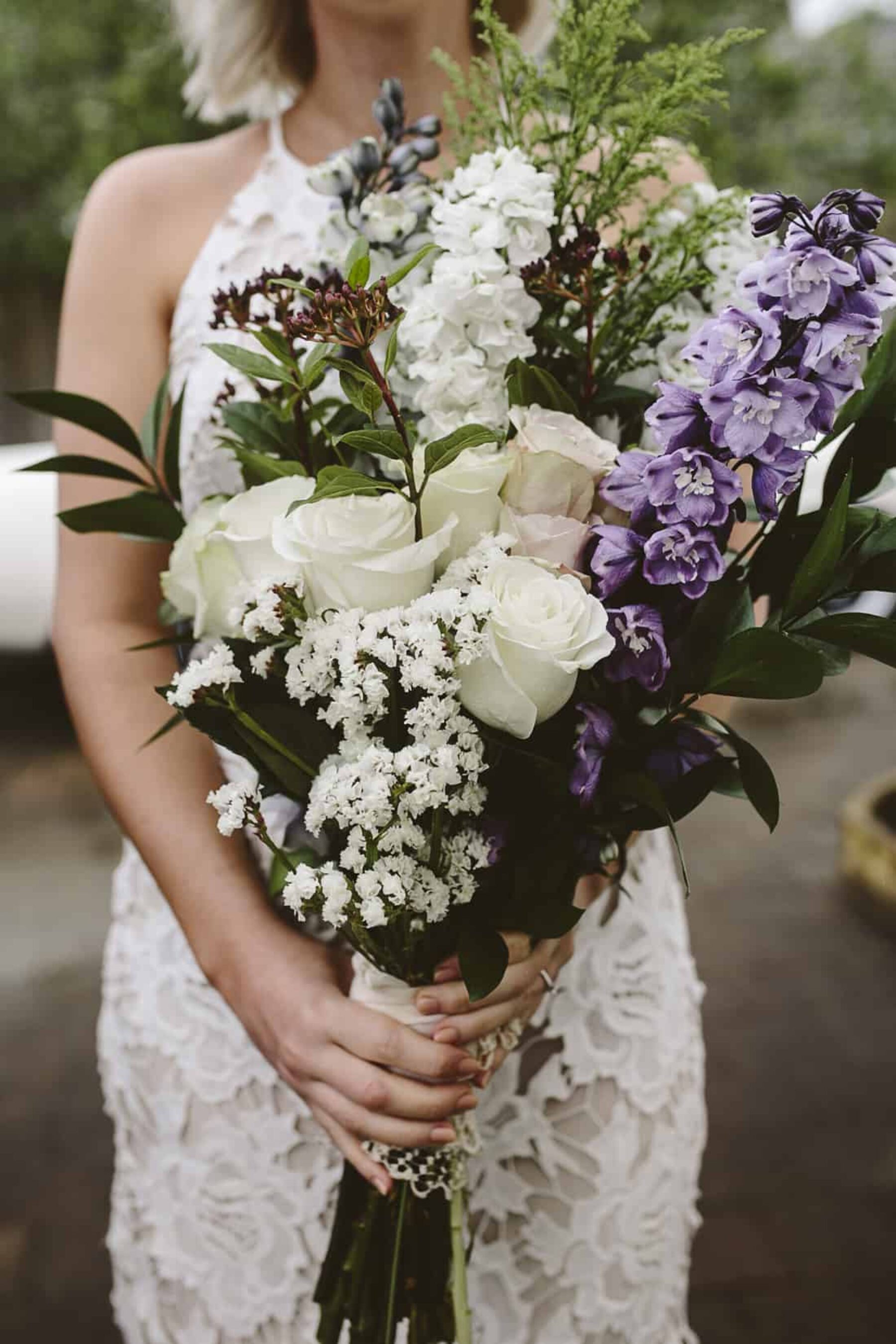 DIY wedding bouquet with foxglove and white roses