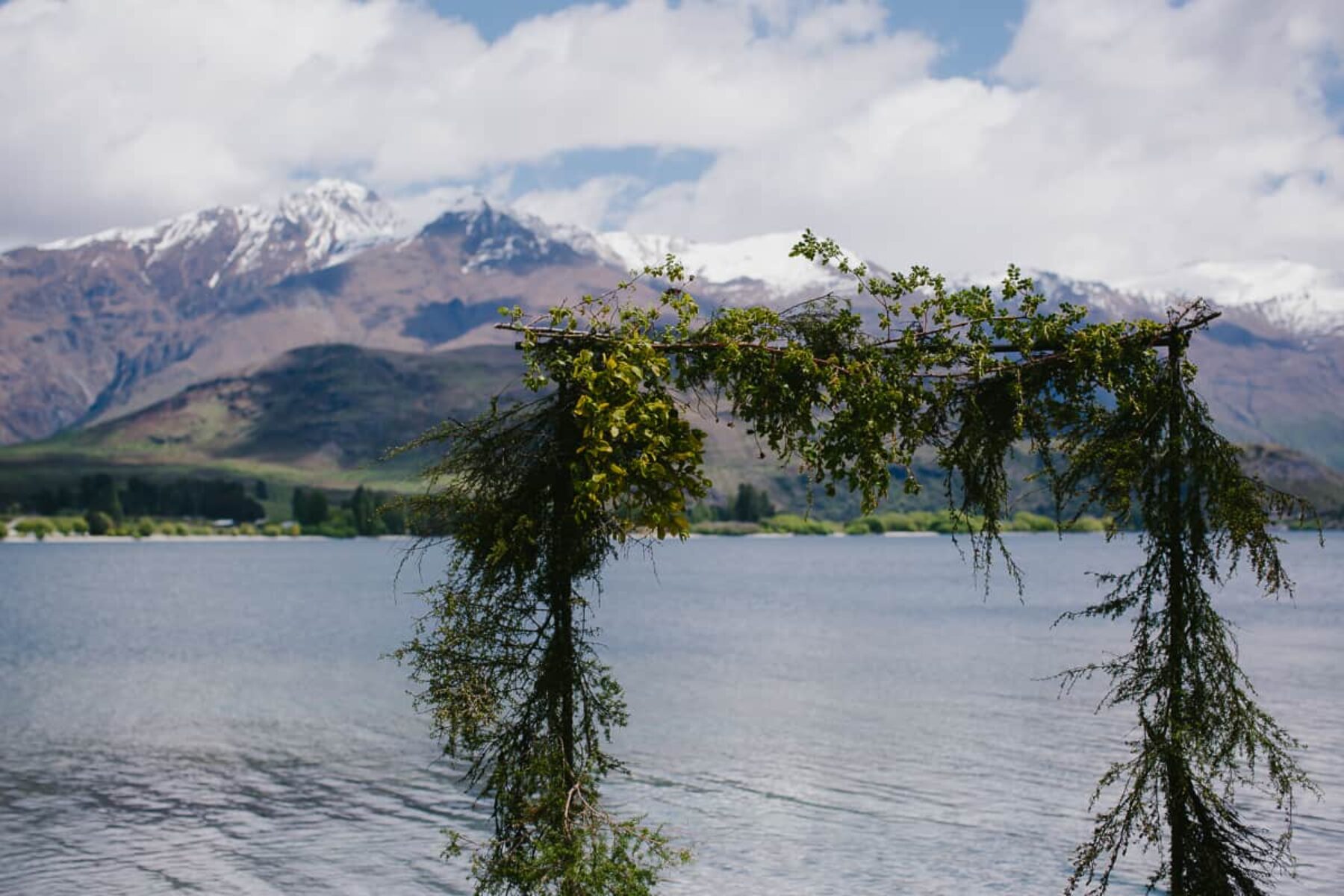 Lake Wanaka wedding with foliage arbour