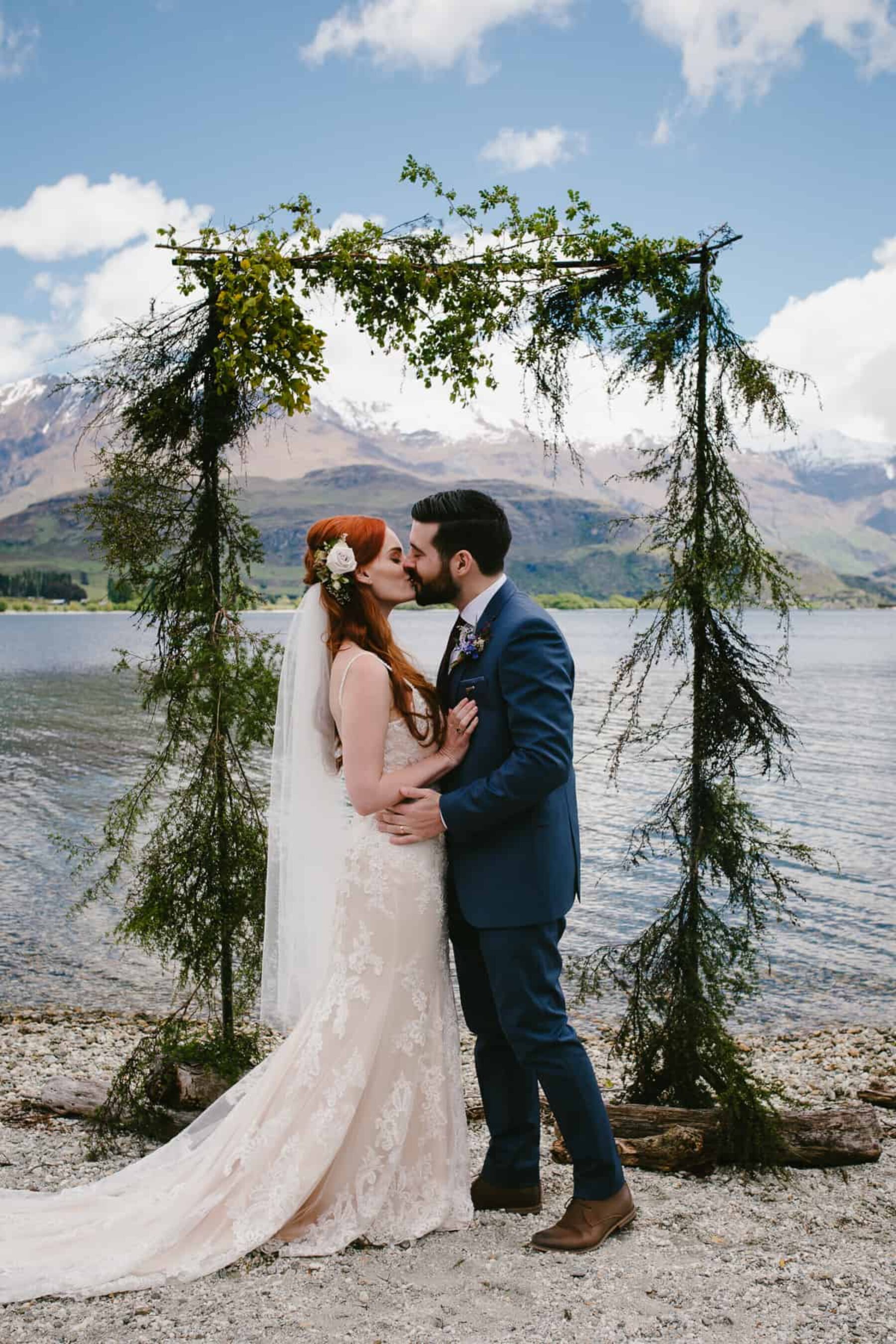 Lake Wanaka wedding with foliage arbour