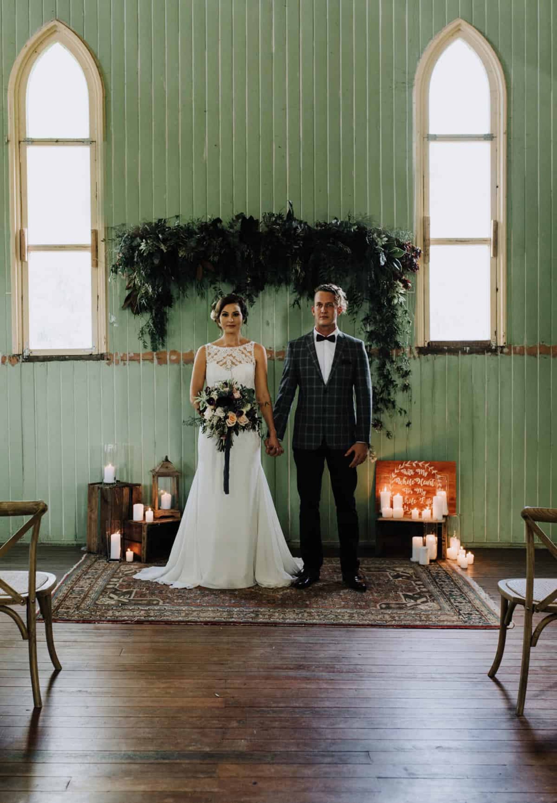 vintage church wedding with mint green interior