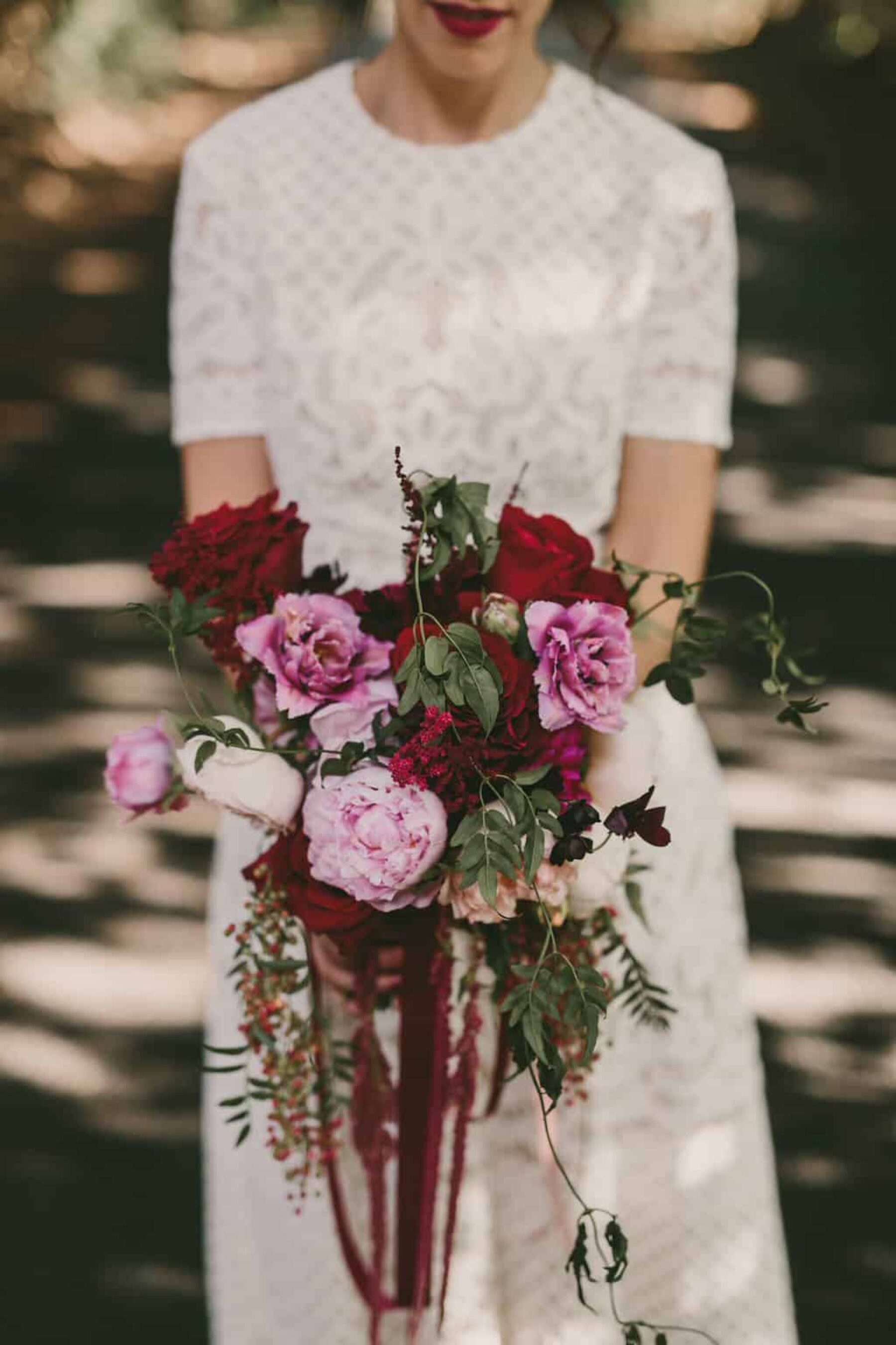 pink peony bouquet with trailing amaranth