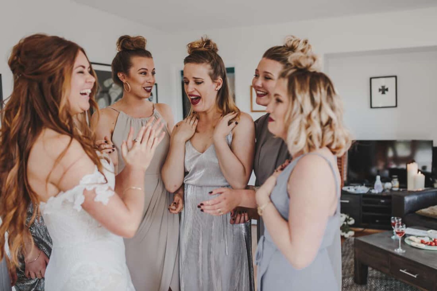 bridesmaids in mixed grey dresses