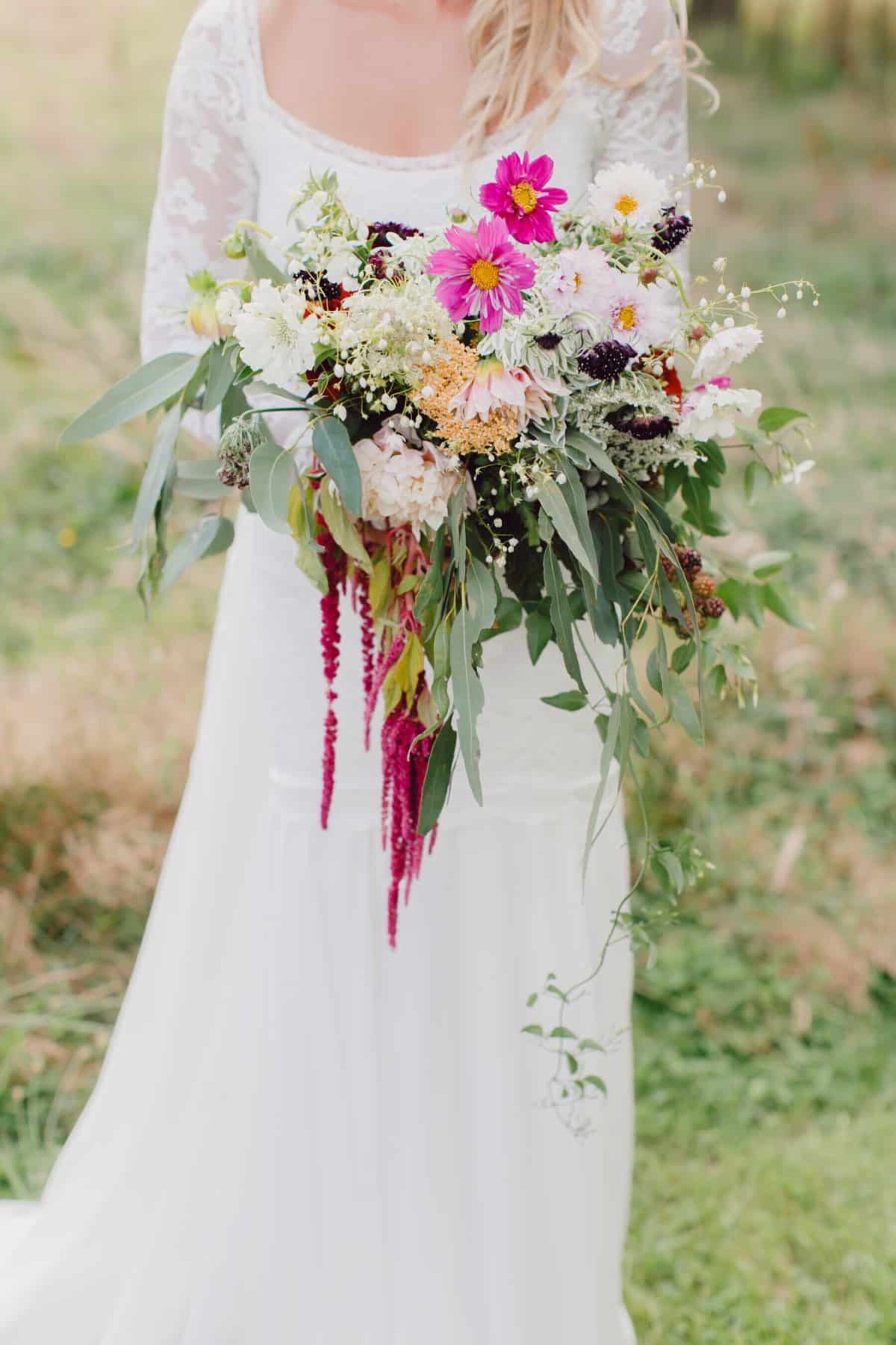 wild cascading bouquet with eucalyptus and amaranth