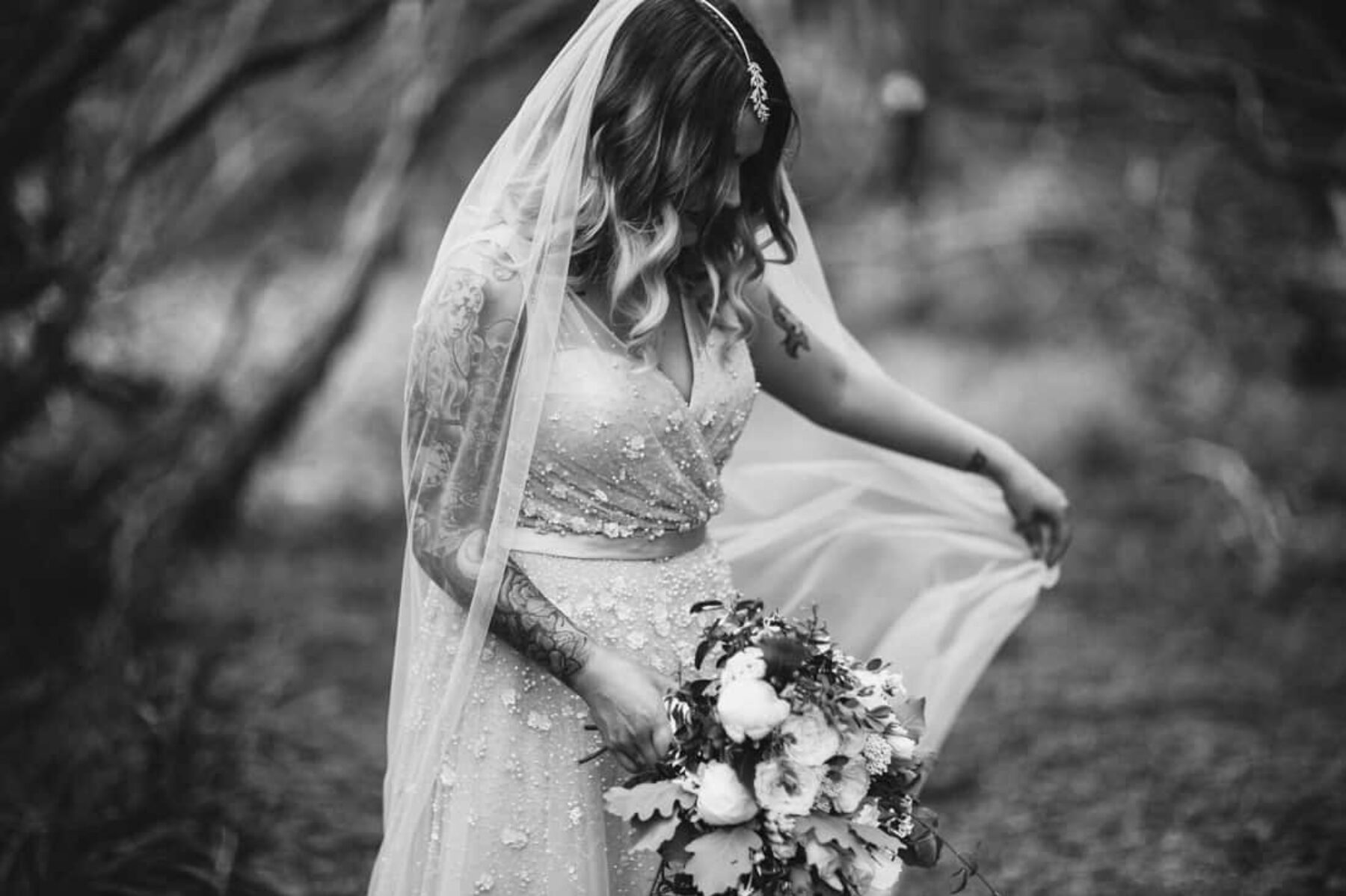 boho bride in blush wedding dress