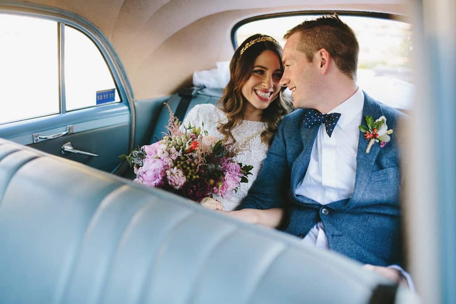 classic powder blue FJ Holden wedding car