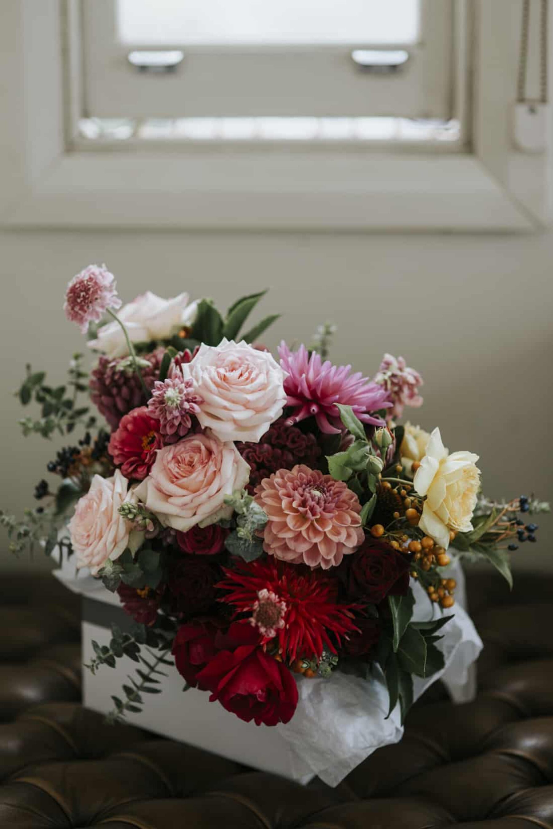 rose and dahlia bouquet in mixed pinks