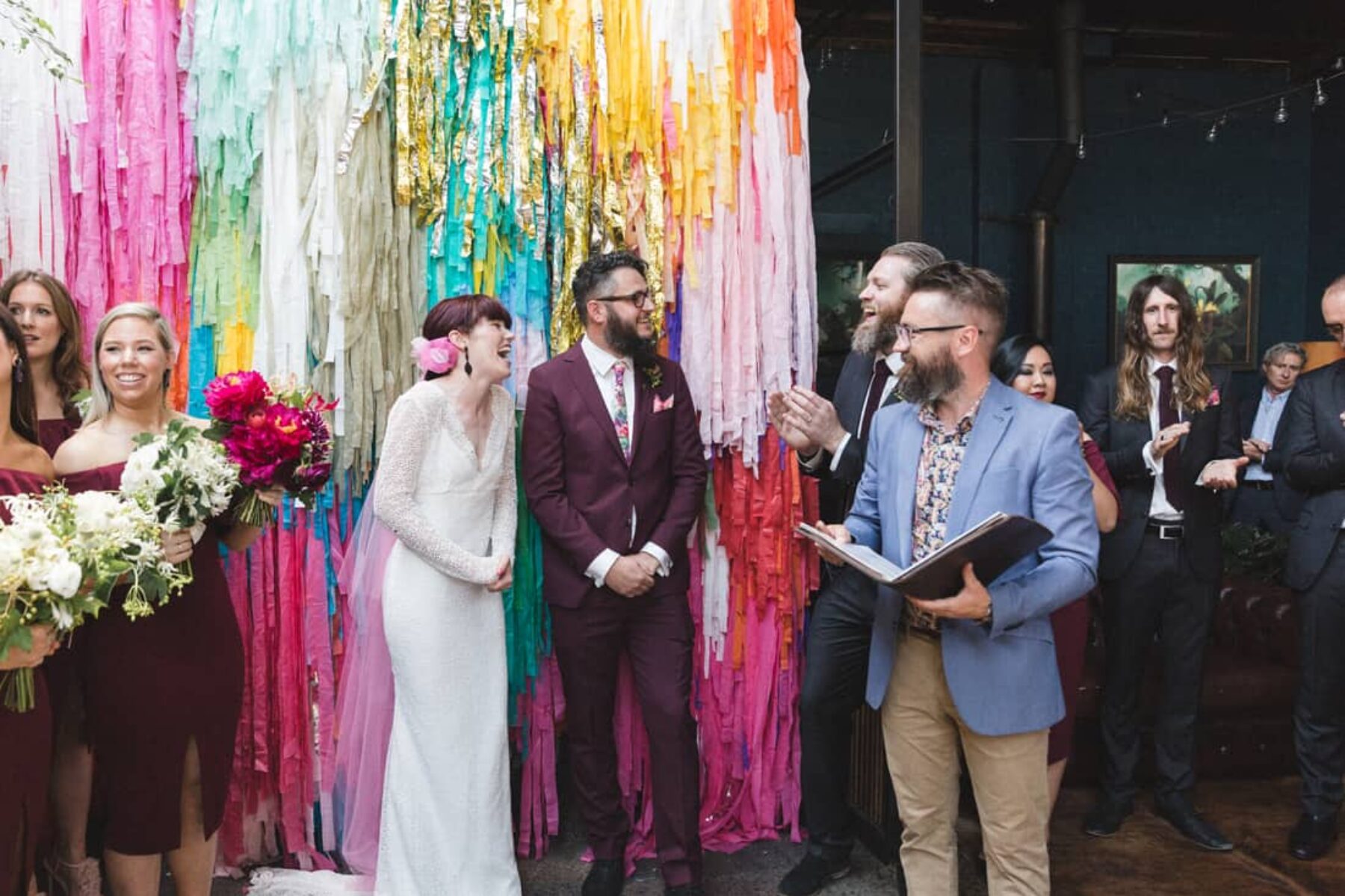 colourful streamer wedding backdrop