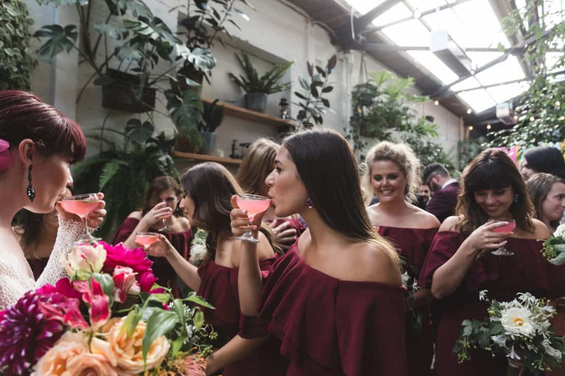 burgundy off-shoulder bridemsaids dresses