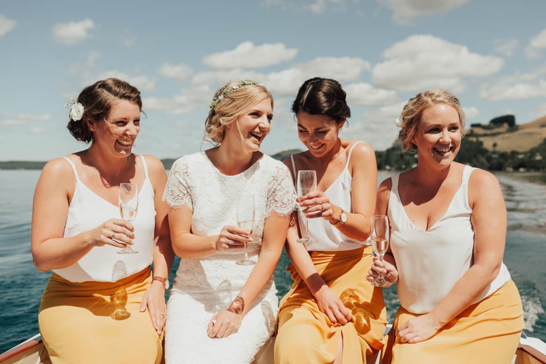 yellow + white two-piece bridesmaids dresses