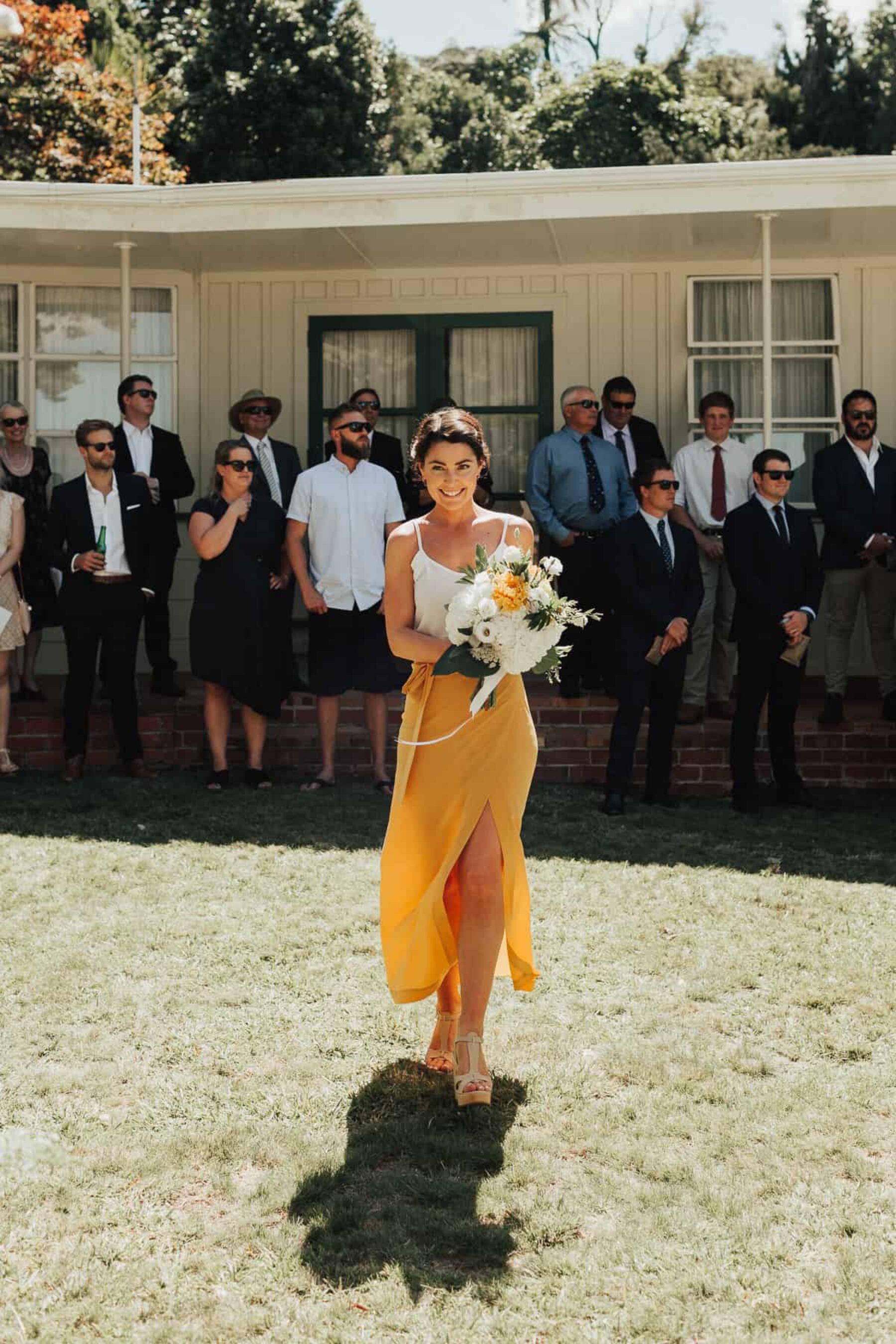 modern yellow and white bridesmaid two-piece