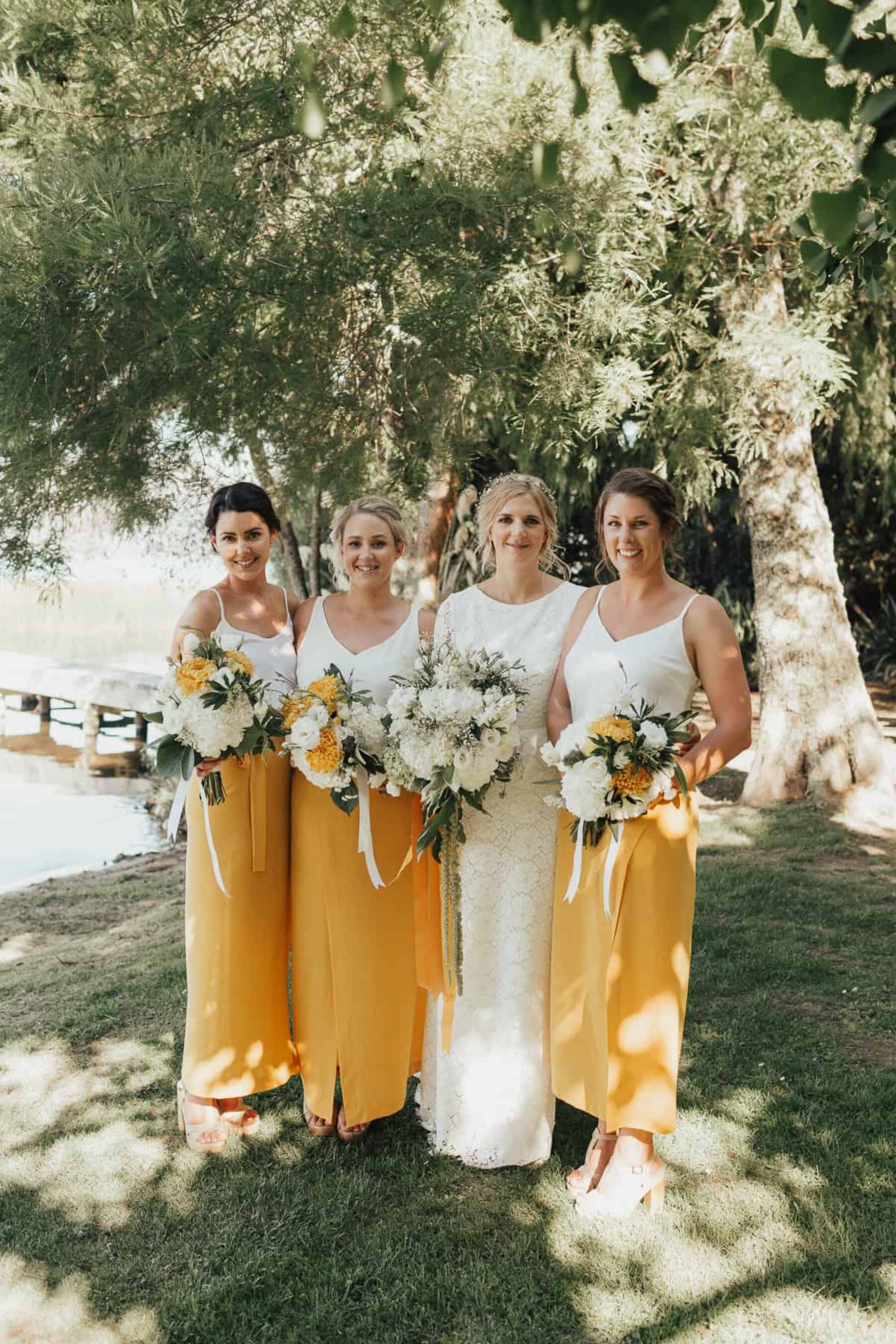 yellow + white two-piece bridesmaids dresses