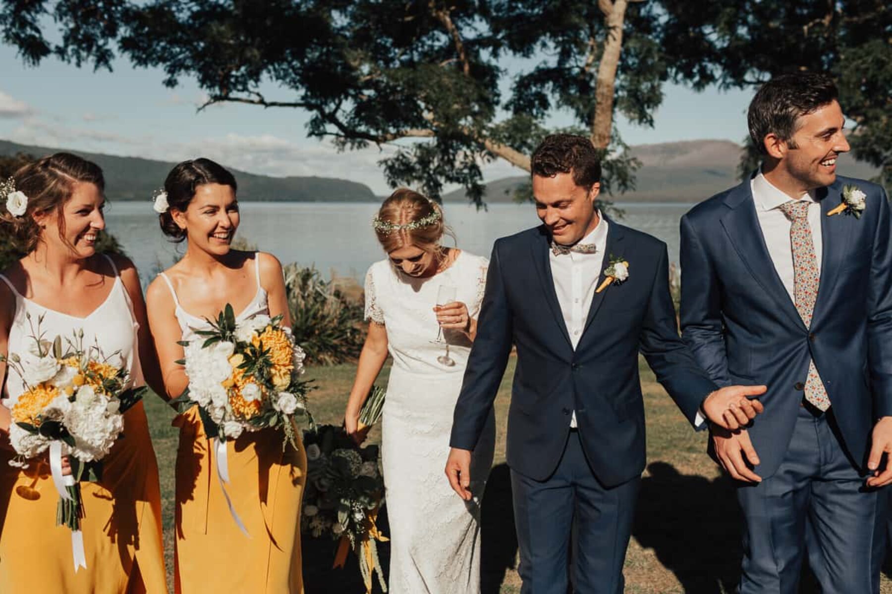 modern bridal party in blue and yellow