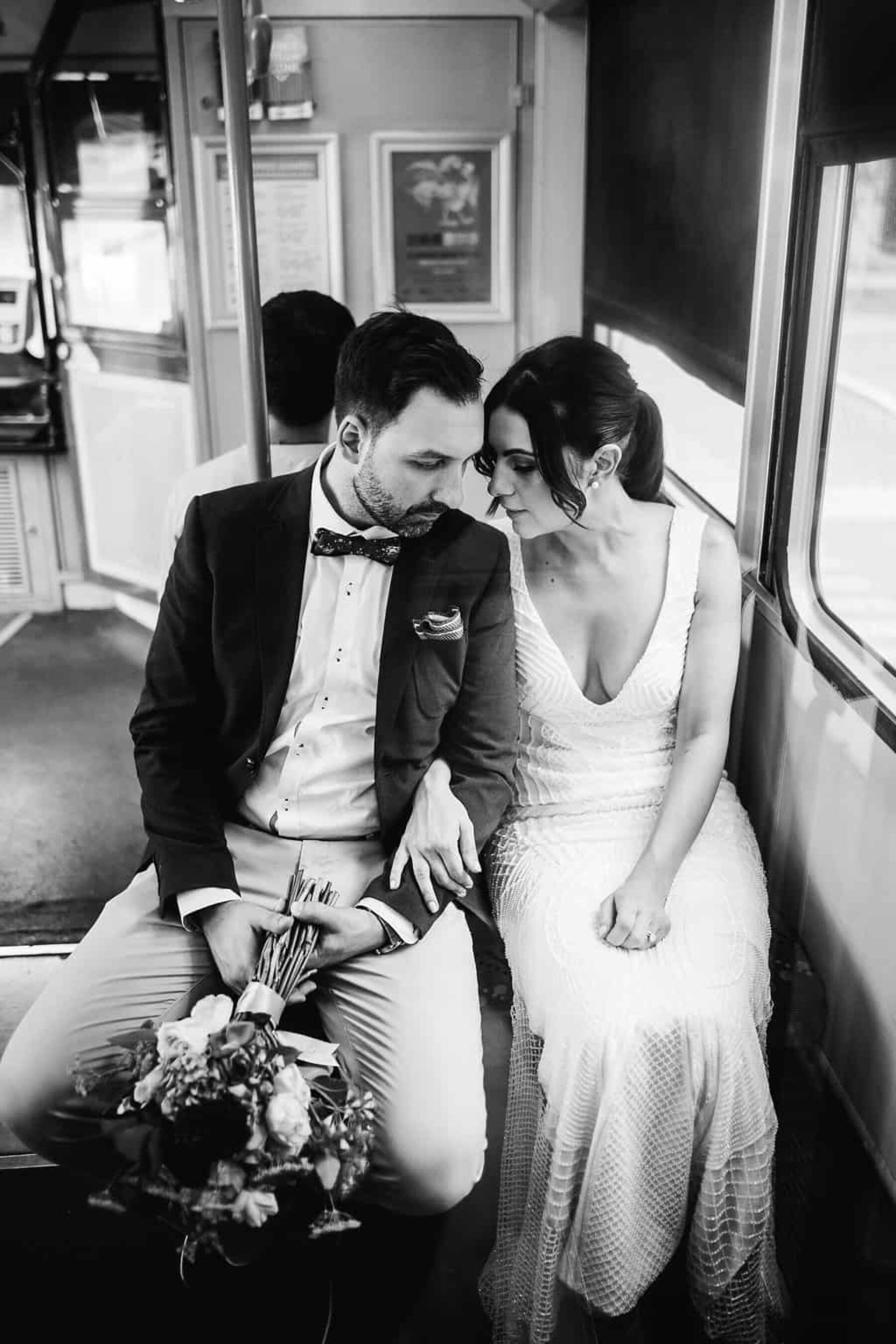 bride and groom on Melbourne tram