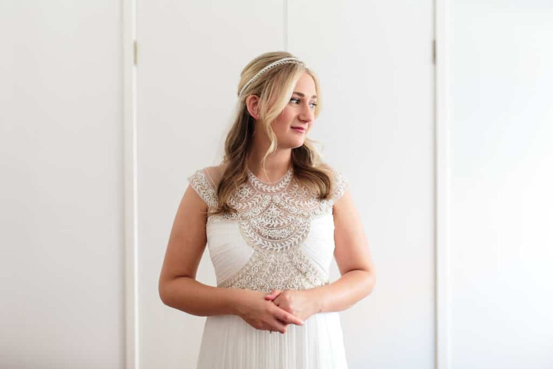beaded cap-sleeve wedding dress by Gwendolynne