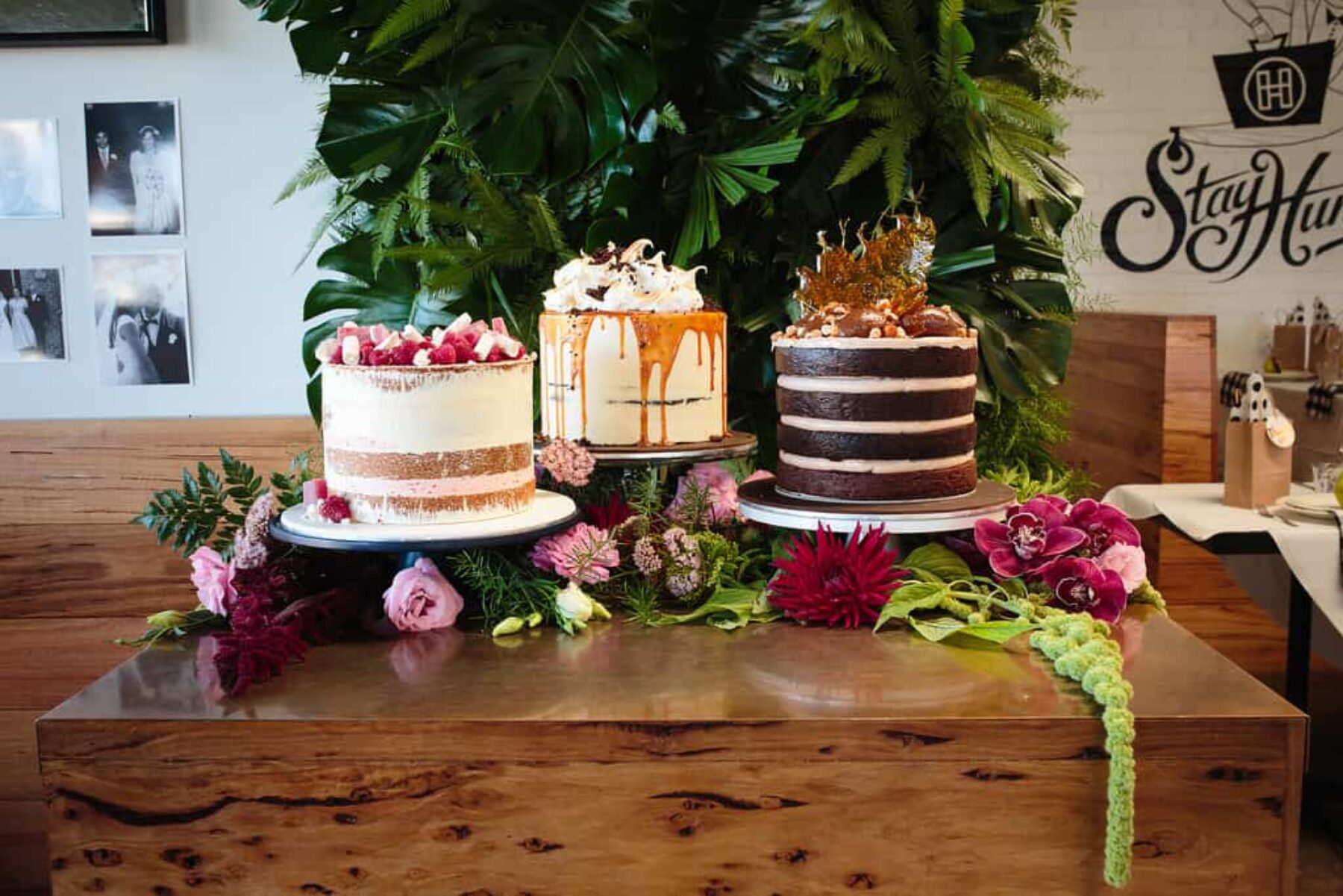 trio of unique wedding cakes