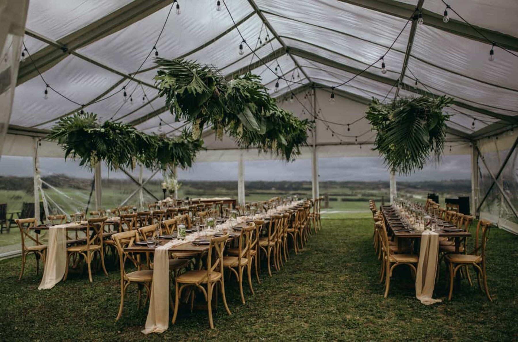 marquee wedding with hanging greenery