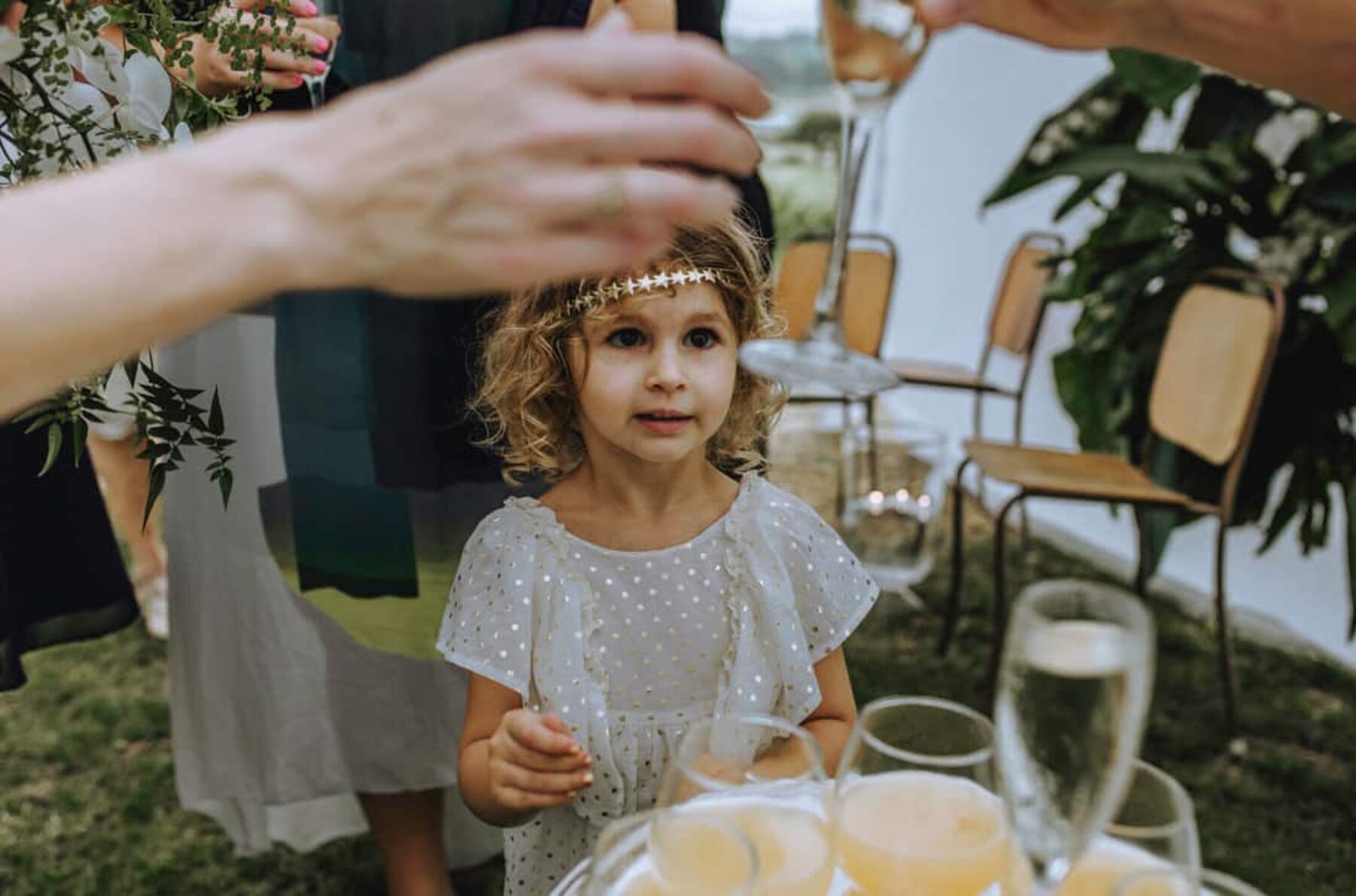 flower girl with gold headpiece