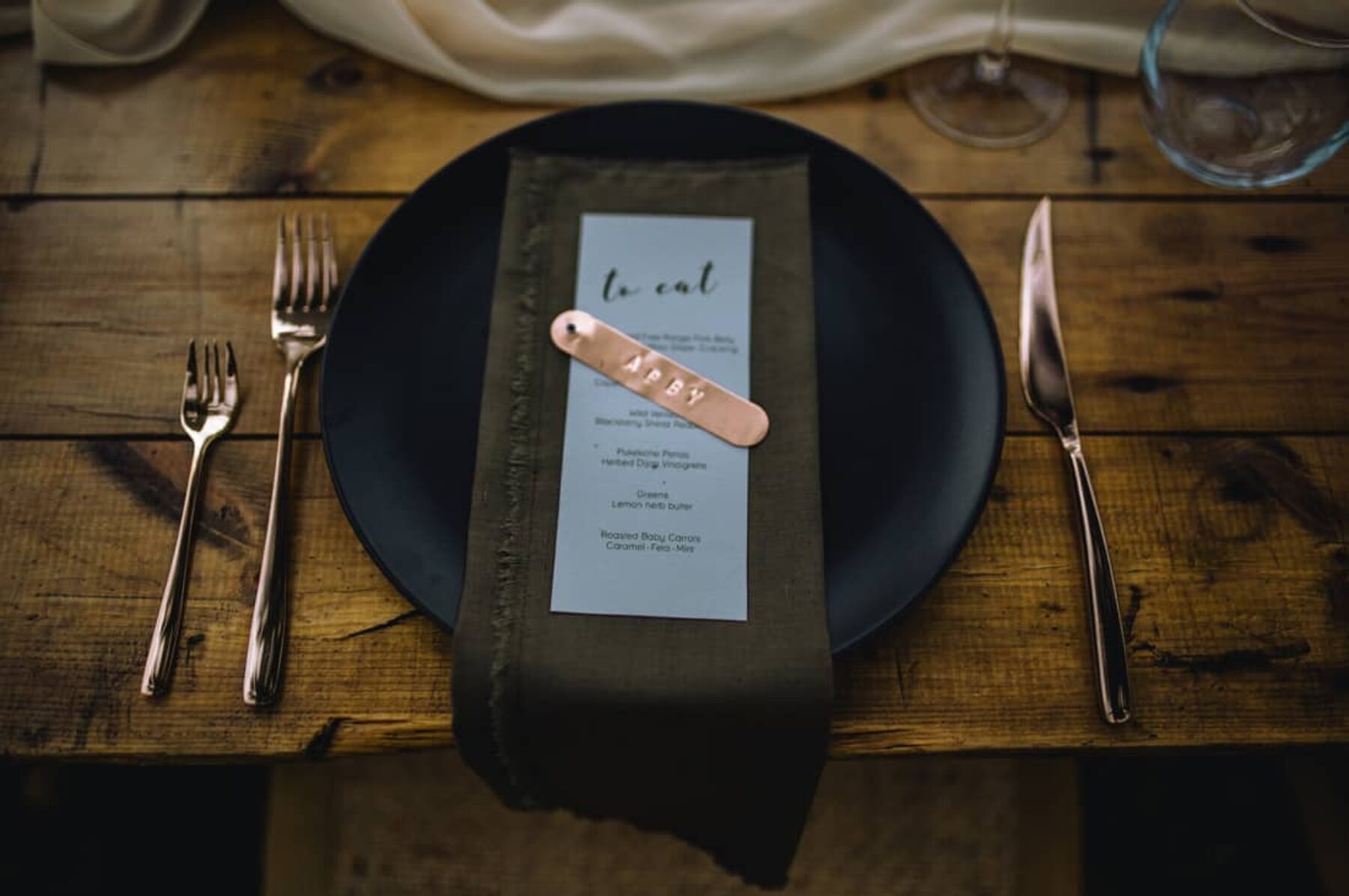 place setting with hammered copper name tags