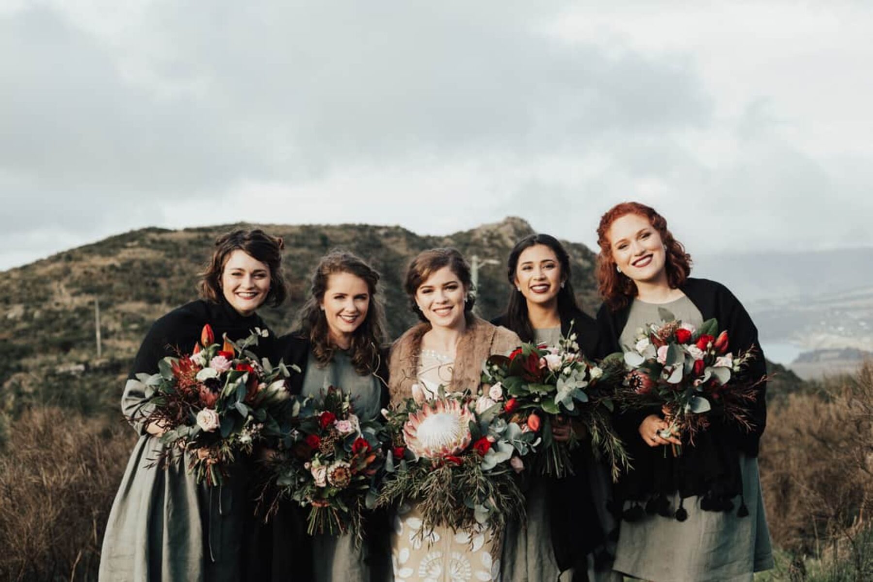 bridesmaids in olive linen dresses