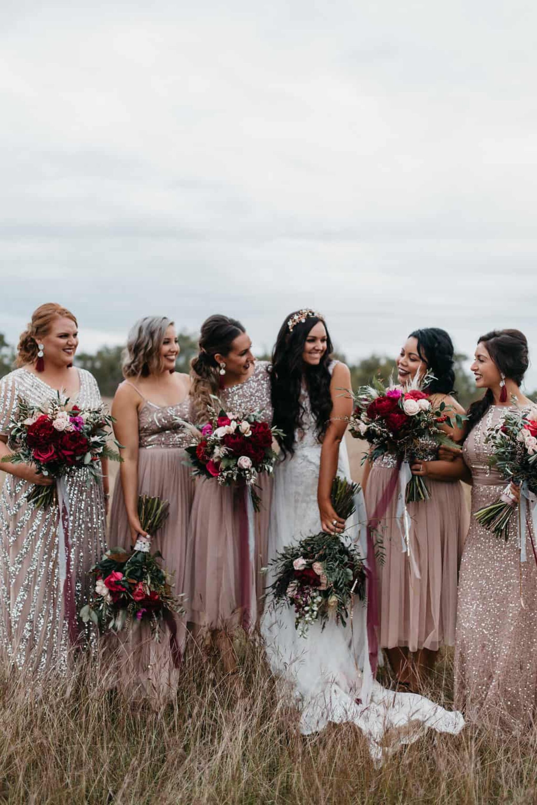 sequinned blush bridesmaid dresses