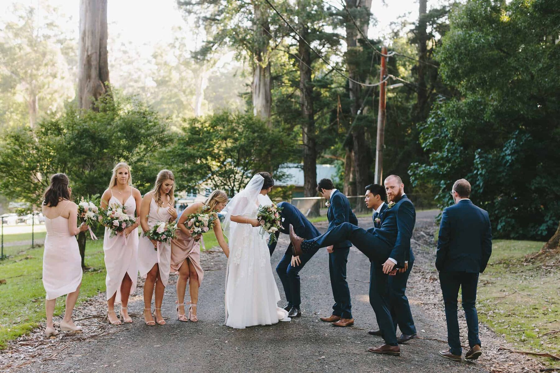 modern bridal party in blush and navy