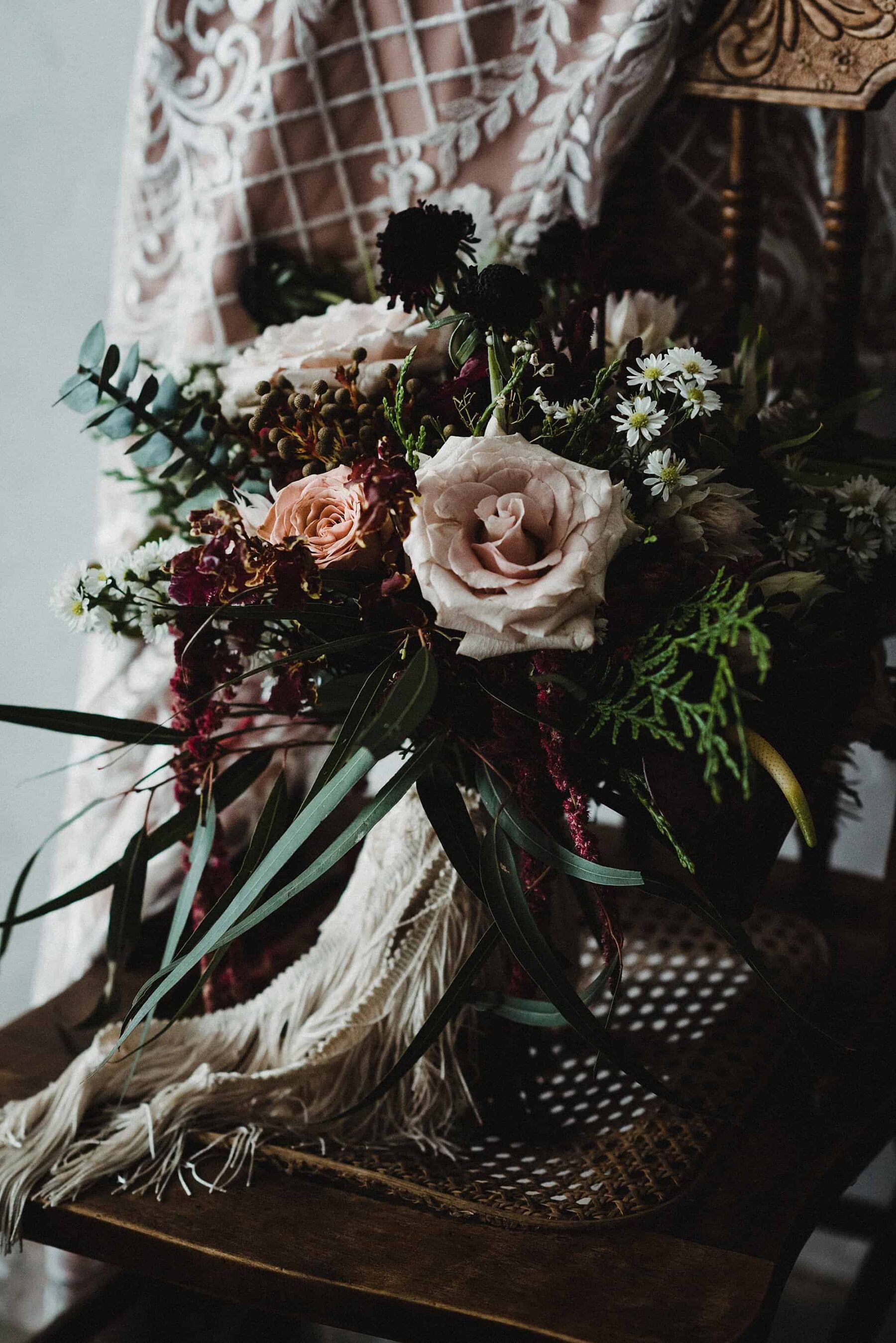 blush and burgundy bouquet with roses and amaranth