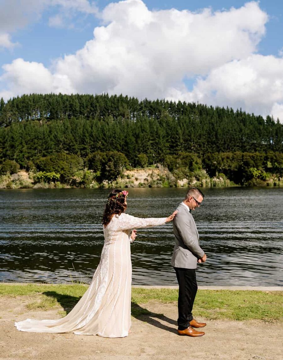 bride and groom first look