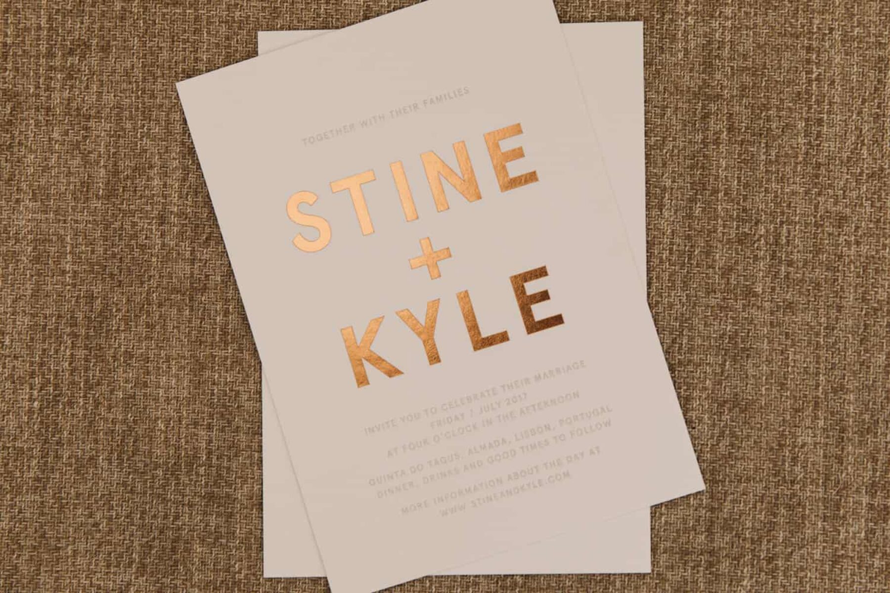typographic copper foiled wedding invitations