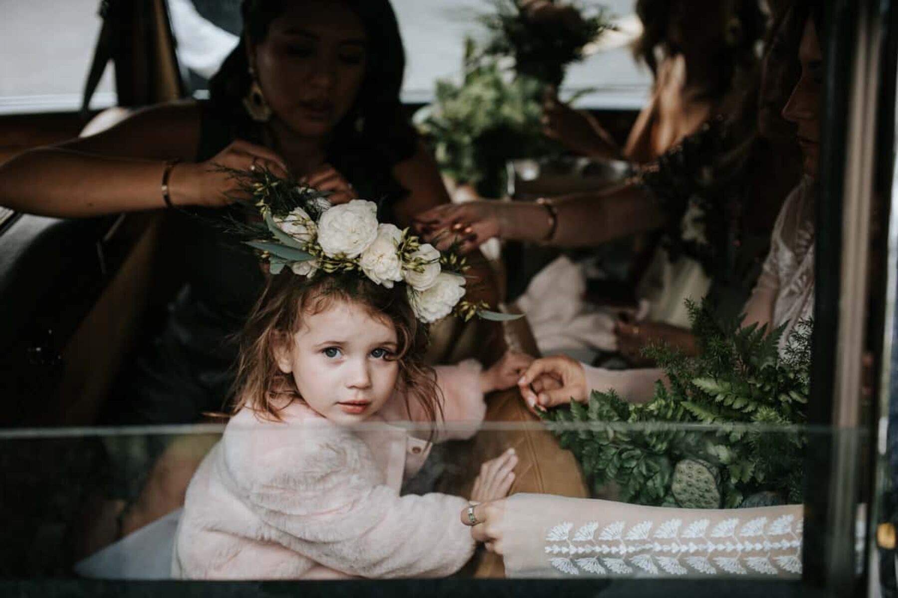 flower girl with white flower crown