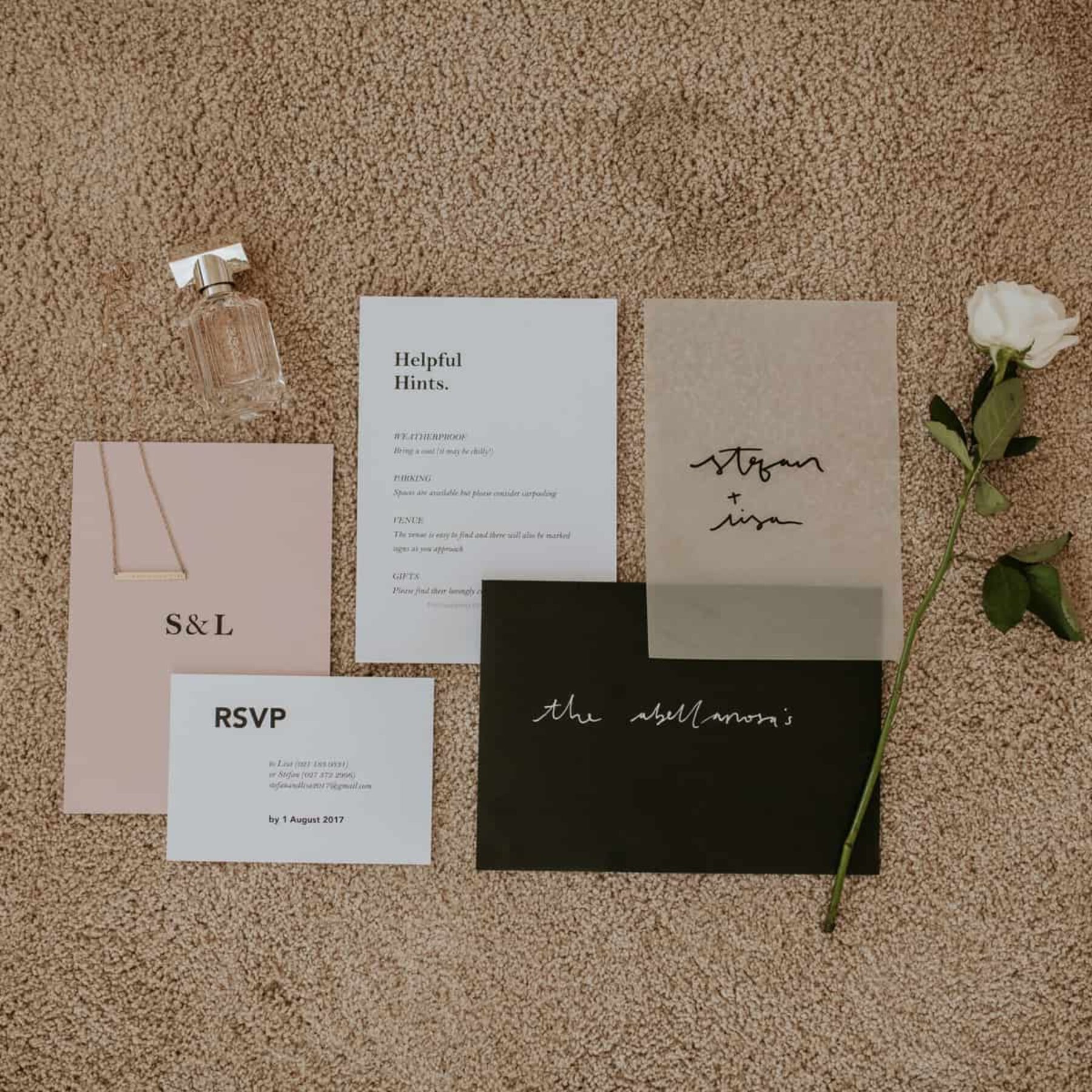 modern typographic wedding invitations in blush and black