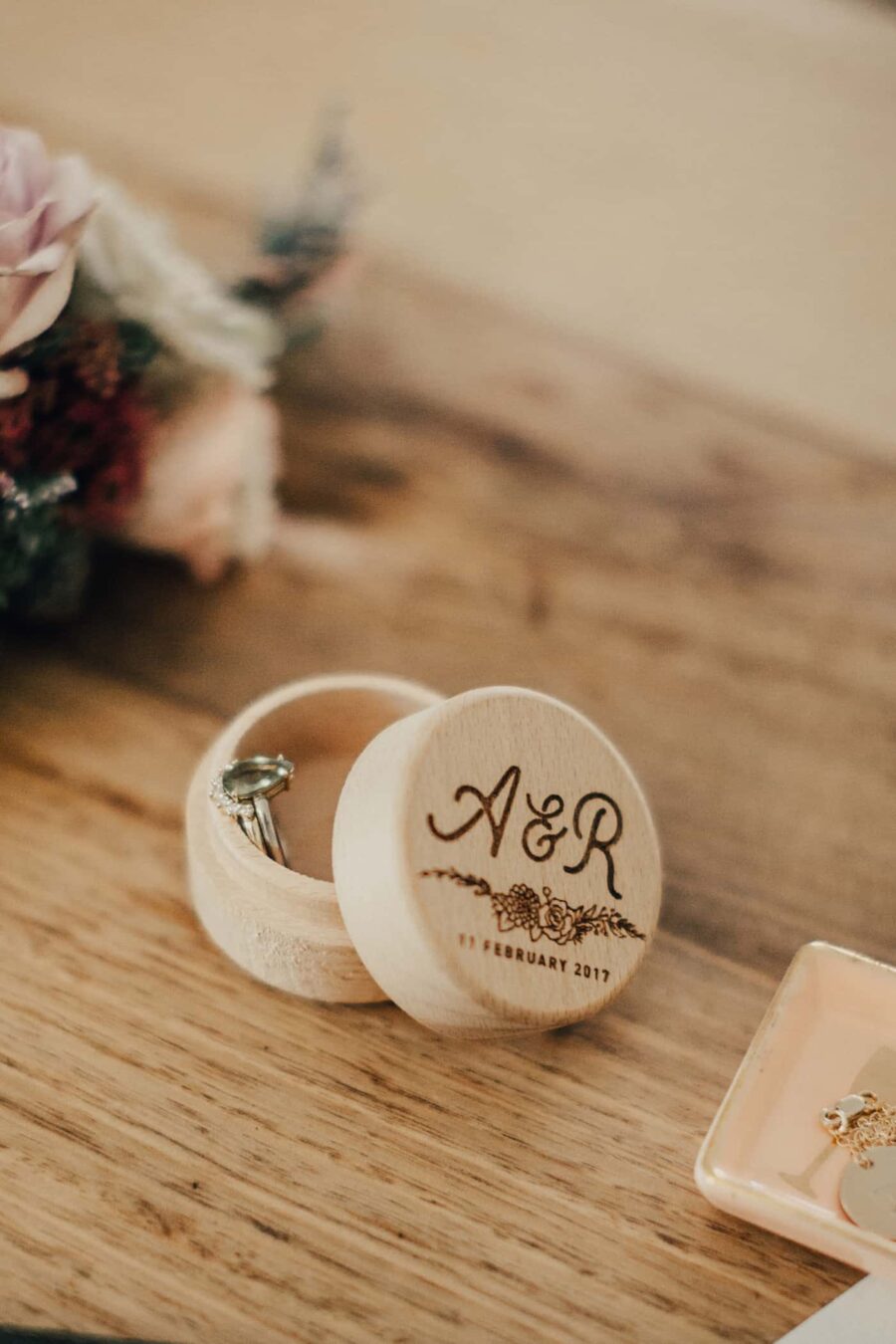 engraved wooden ring box